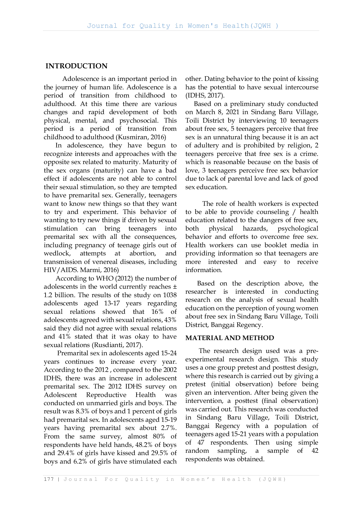 JURIS Analisis Pendidikan Kesehatan Seksual Terhadap Persepsi Wanita Remaja Tentang Seks Bebas