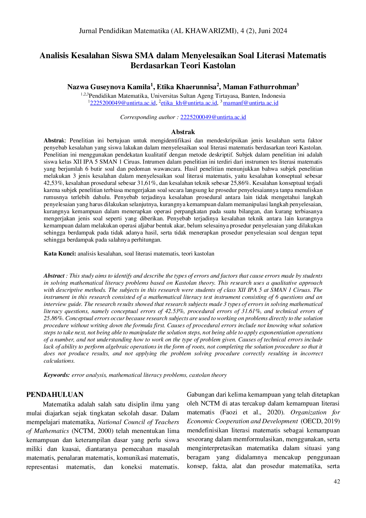 JURIS Analisis Kesalahan Siswa SMA dalam Menyelesaikan Soal Literasi Matematis Berdasarkan Teori Kastolan