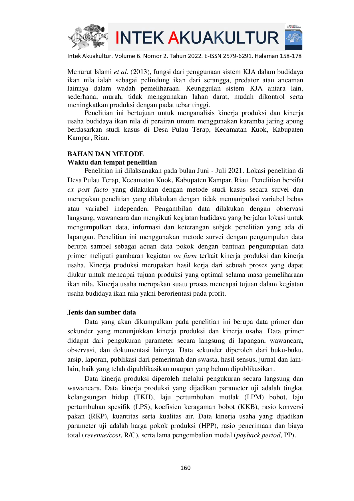 JURIS Kinerja Produksi dan Kinerja Usaha pada Budidaya Ikan Nila Oreochromis niloticus di Desa Pulau Terap Kabupaten Kampar Riau