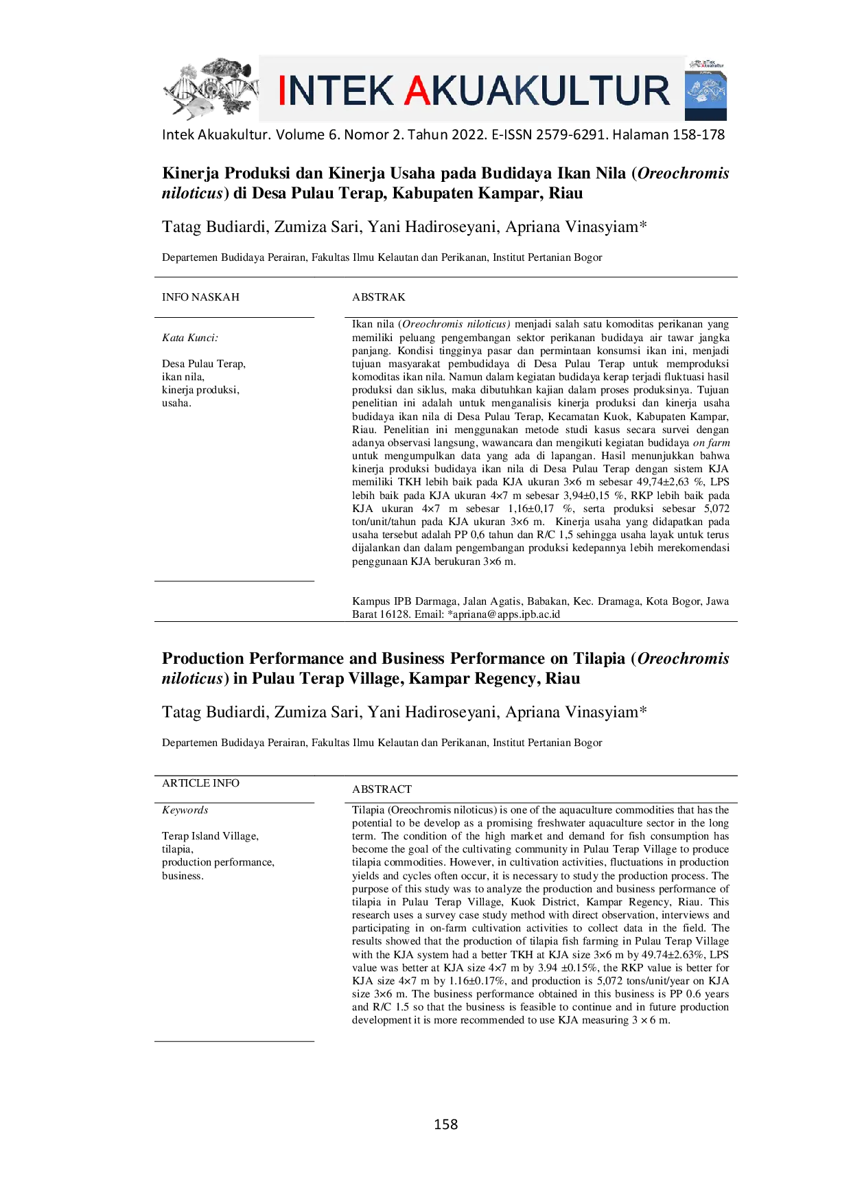 JURIS Kinerja Produksi dan Kinerja Usaha pada Budidaya Ikan Nila Oreochromis niloticus di Desa Pulau Terap Kabupaten Kampar Riau