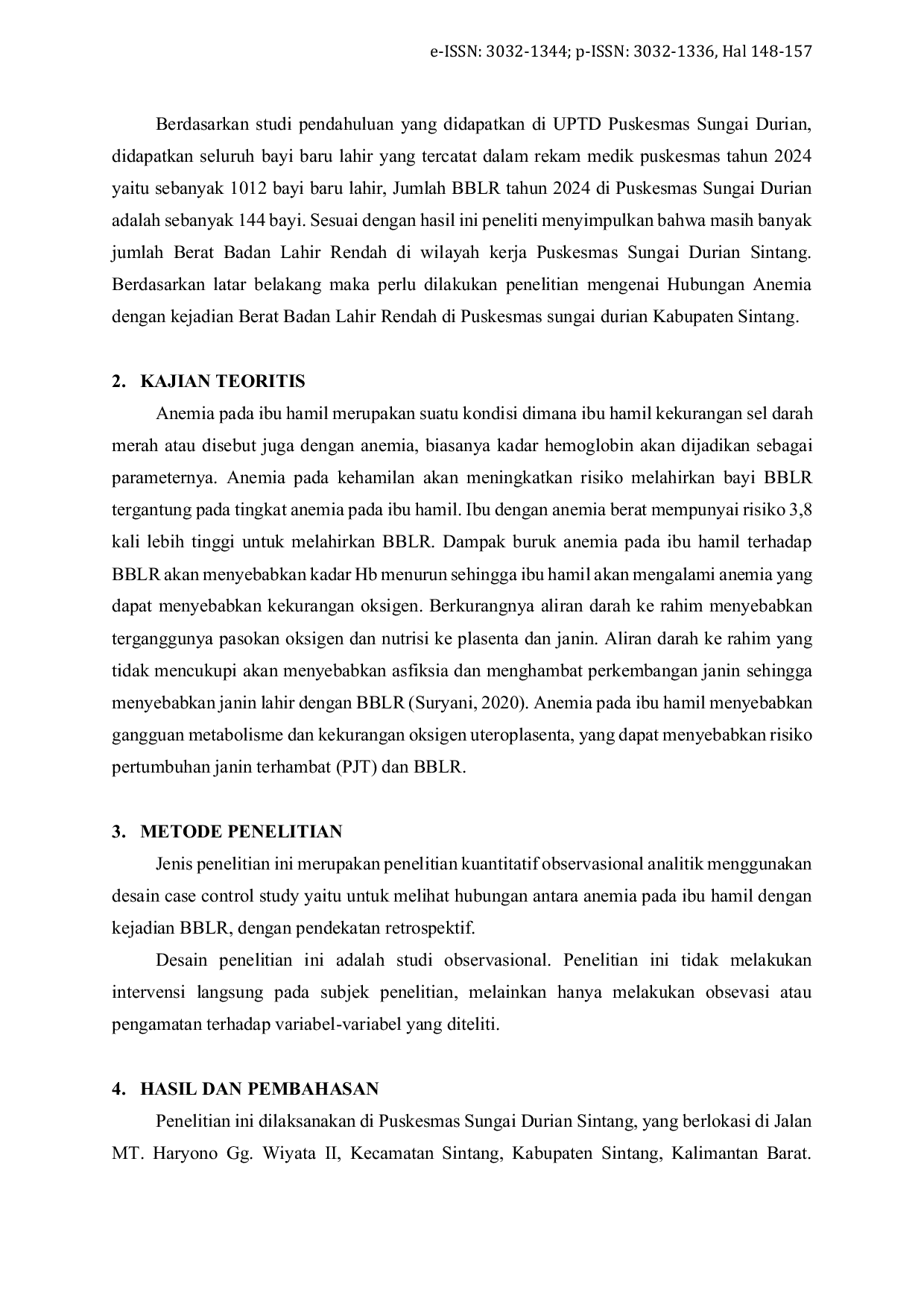 JURIS Hubungan Anemia dengan Kejadian Berat Badan Lahir Rendah di Puskesmas Sungai Durian Kabupaten Sintang