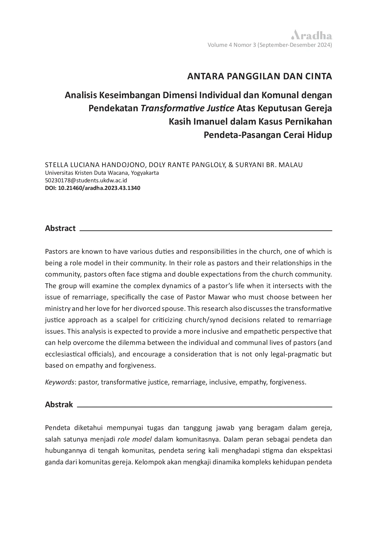 JURIS Antara Panggilan dan Cinta Analisis keseimbangan dimensi individual dan komunal dengan pendekatan Transformative justice atas keputusan Gereja Kasih Imanuel dalam kasus pernikahan pendeta pasangan
