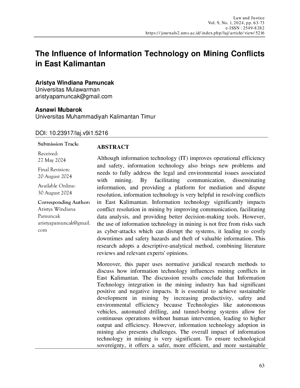 JURIS The Influence of Information Technology on Mining Conflicts in East Kalimantan