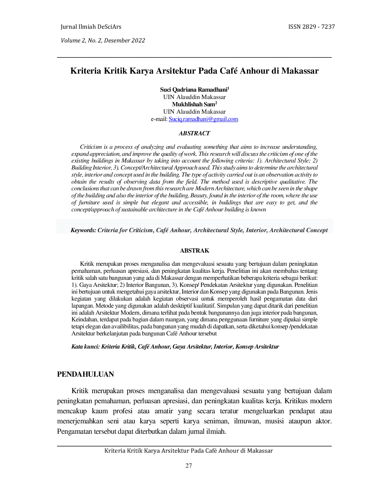 JURIS Kriteria Kritik Karya Arsitektur Pada Caf Anhour di Makassar