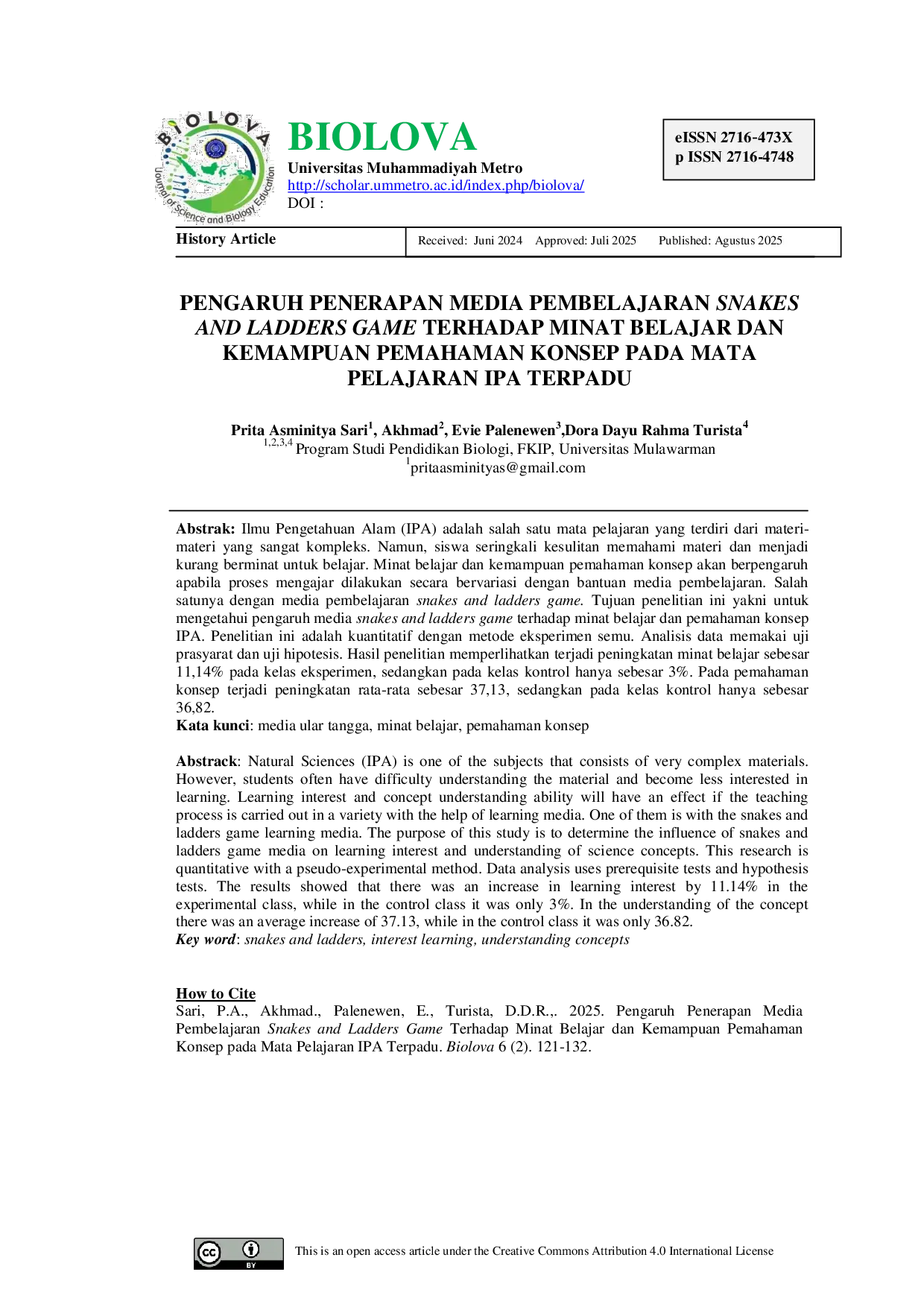 JURIS PENGARUH PENERAPAN MEDIA PEMBELAJARAN SNAKES AND LADDERS GAME TERHADAP MINAT BELAJAR DAN KEMAMPUAN PEMAHAMAN KONSEP PADA MATA PELAJARAN IPA TERPADU