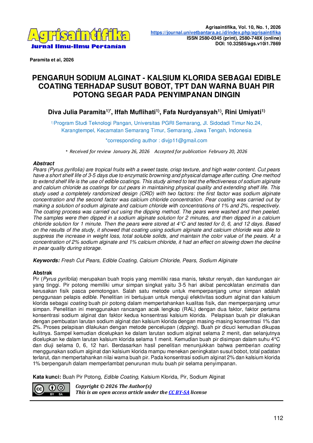 JURIS PENGARUH SODIUM ALGINAT KALSIUM KLORIDA SEBAGAI EDIBLE COATING TERHADAP SUSUT BOBOT TPT DAN WARNA BUAH PIR POTONG SEGAR PADA PENYIMPANAN DINGIN