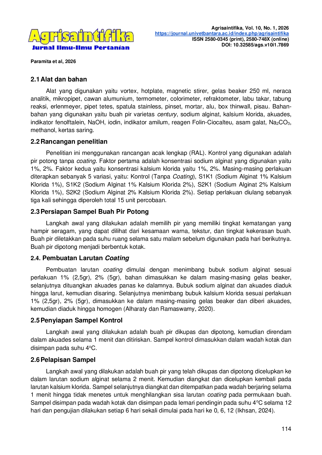 JURIS PENGARUH SODIUM ALGINAT KALSIUM KLORIDA SEBAGAI EDIBLE COATING TERHADAP SUSUT BOBOT TPT DAN WARNA BUAH PIR POTONG SEGAR PADA PENYIMPANAN DINGIN