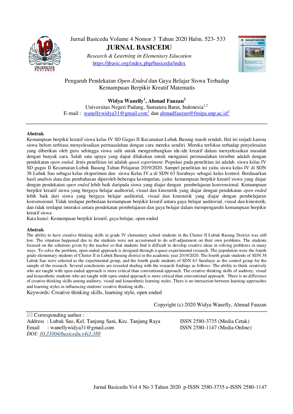JURIS Pengaruh Pendekatan Open Ended dan Gaya Belajar Siswa terhadap Kemampuan Berpikir Kreatif Matematis