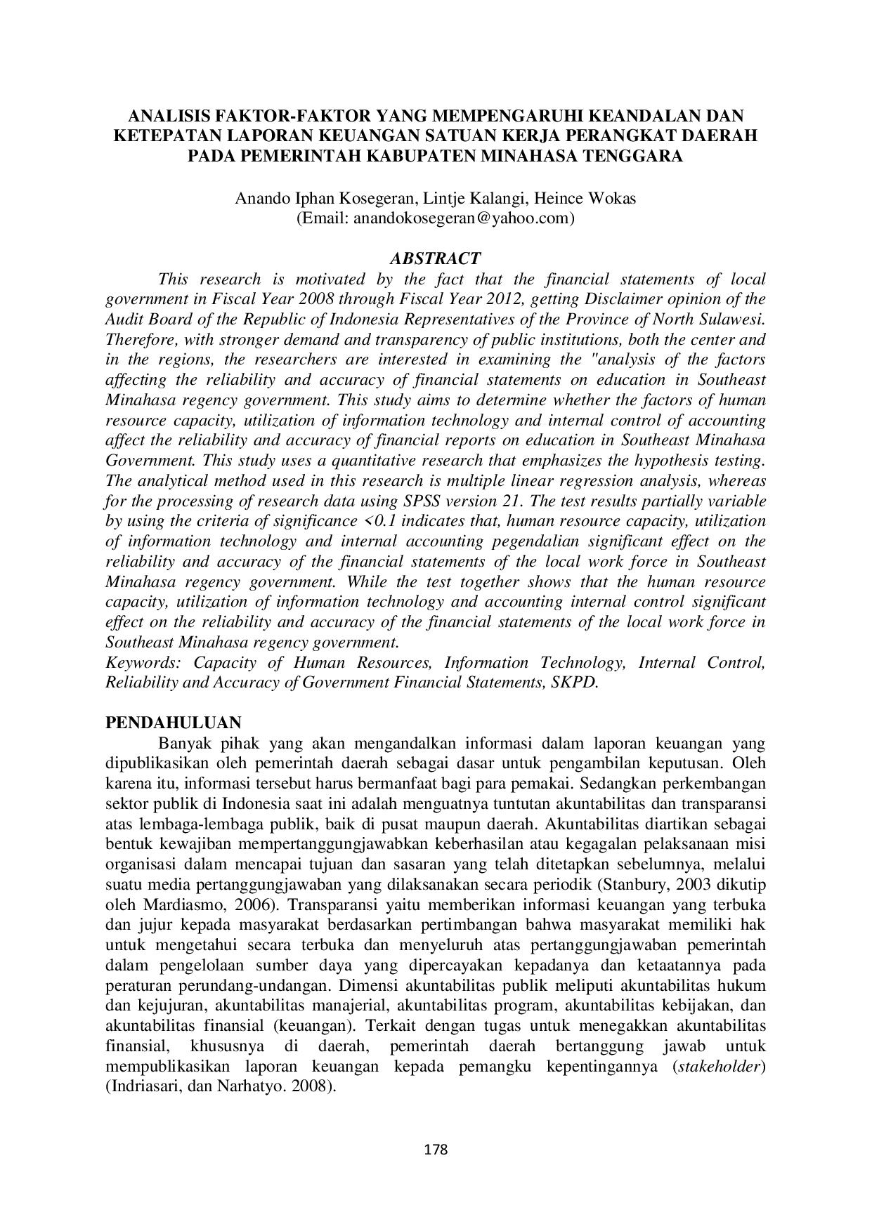 JURIS Analisis Faktor Faktor Yang Mempengaruhi Keandalan Dan Ketepatan Laporan Keuangan Satuan Kerja Perangkat Daerah Pada Pemerintah Kabupaten Minahasa Tenggara