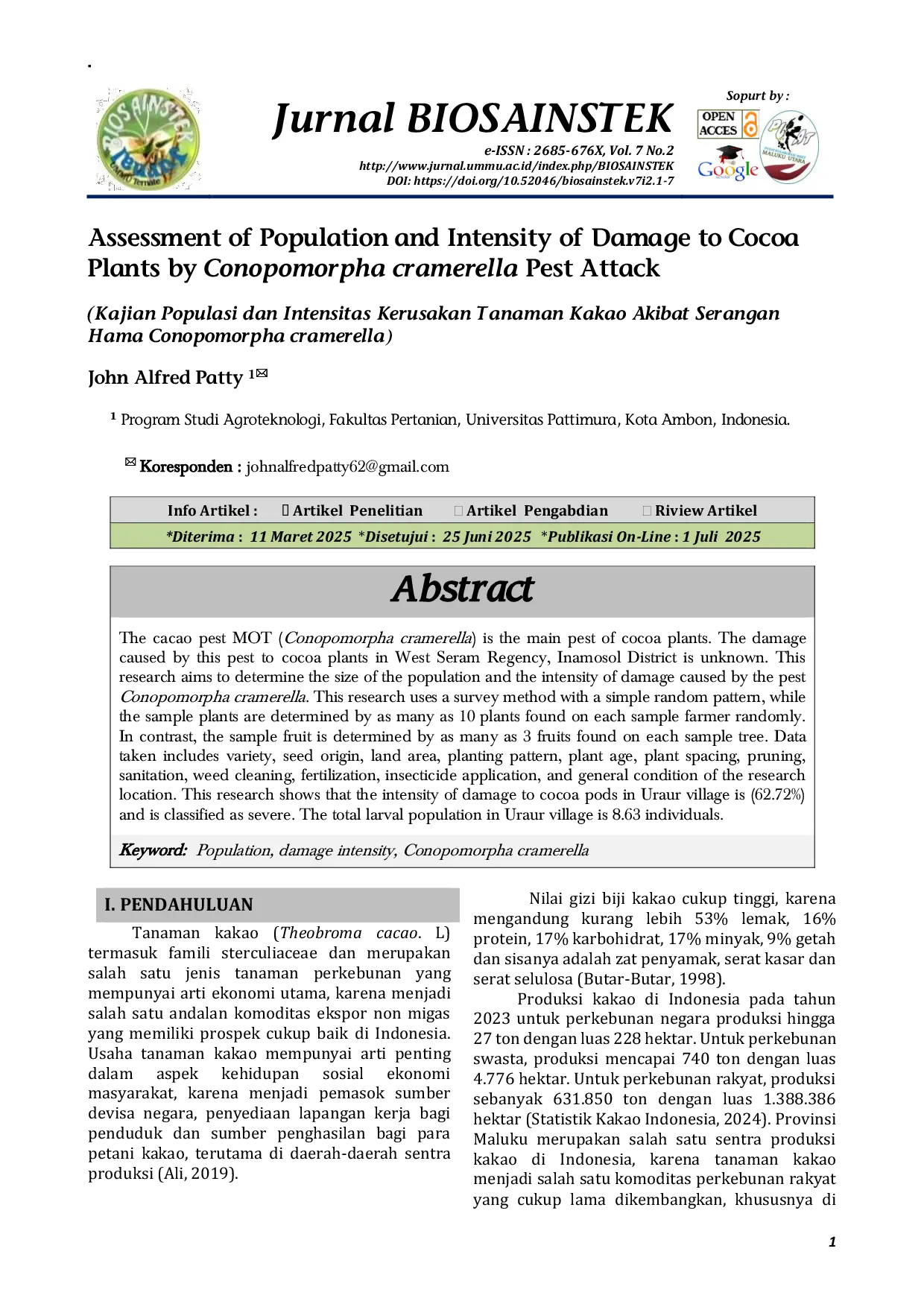 JURIS Assessment of Population and Intensity of Damage to Cocoa Plants by Conopomorpha cramerella Pest Attack