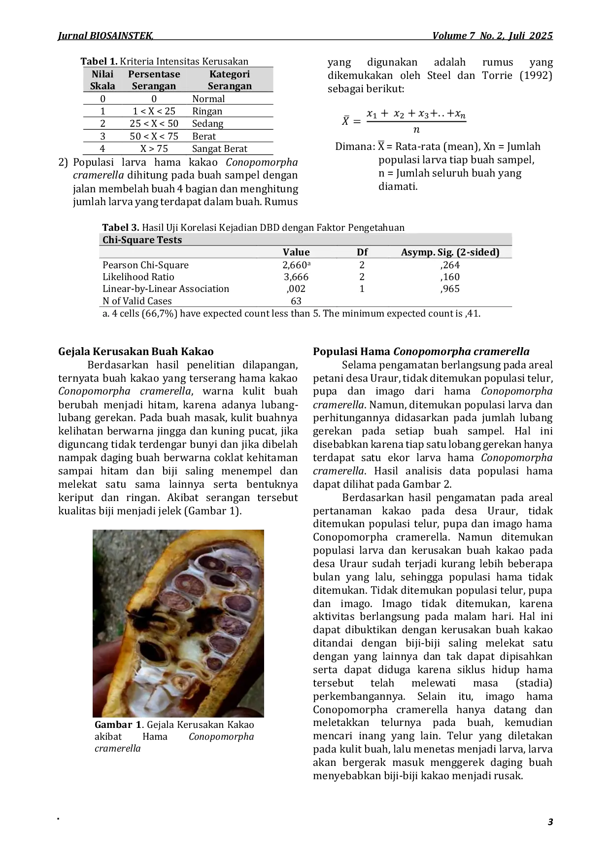 JURIS Assessment of Population and Intensity of Damage to Cocoa Plants by Conopomorpha cramerella Pest Attack