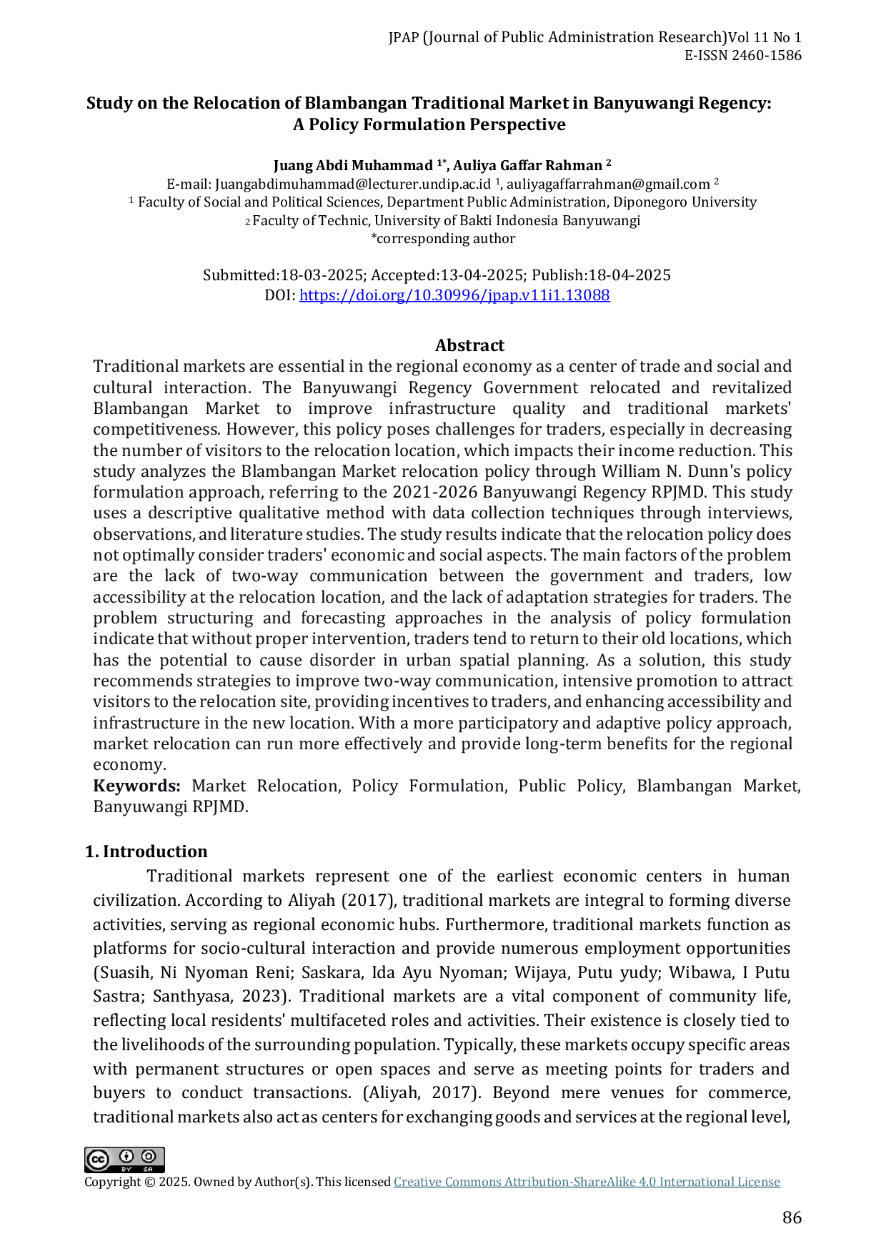 JURIS Study on the Relocation of Blambangan Traditional Market in Banyuwangi Regency A Policy Formulation Perspective