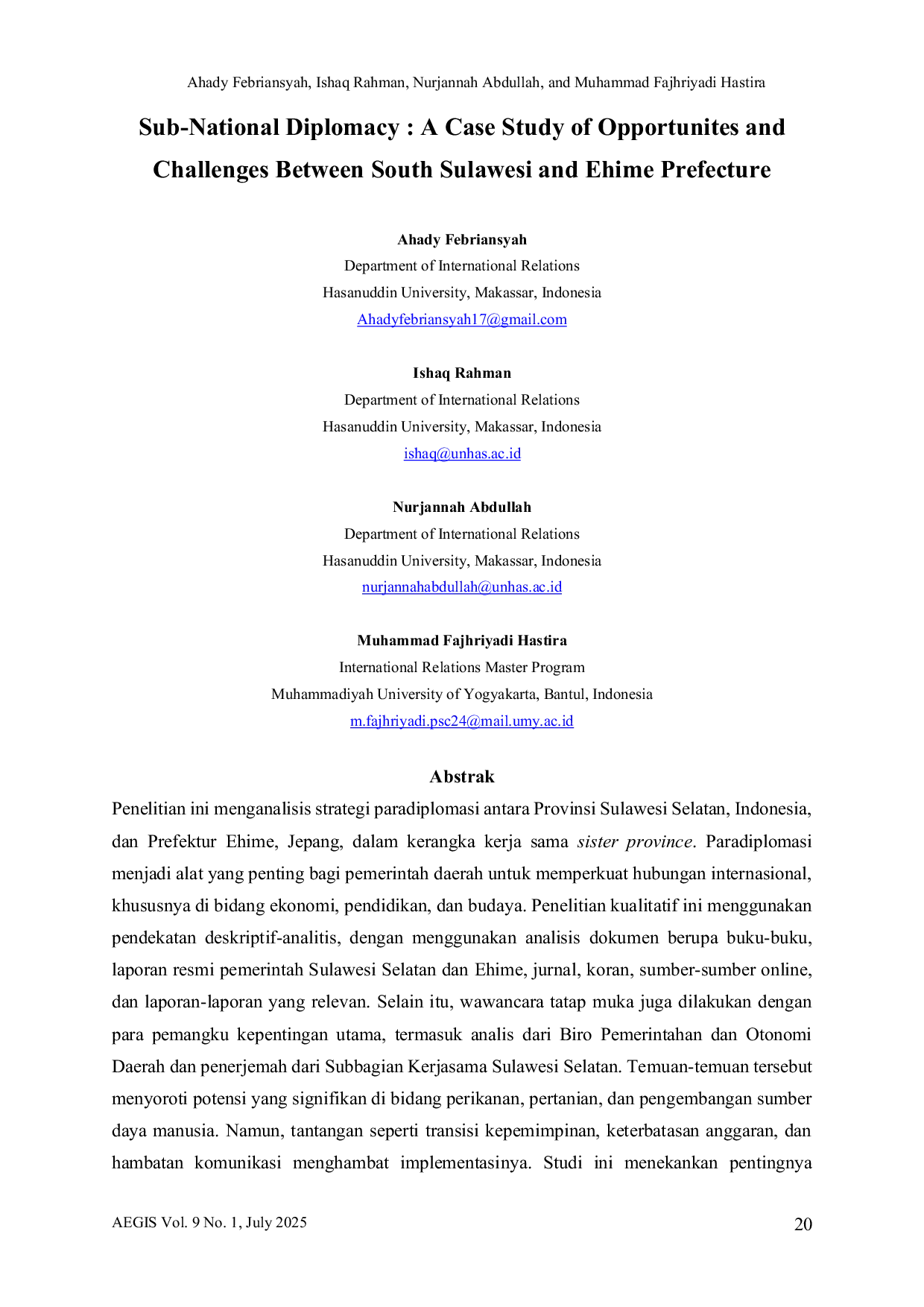 JURIS Sub National Diplomacy Strategy South Sulawesi Ehime Prefecture Opportunities and Challenges Study