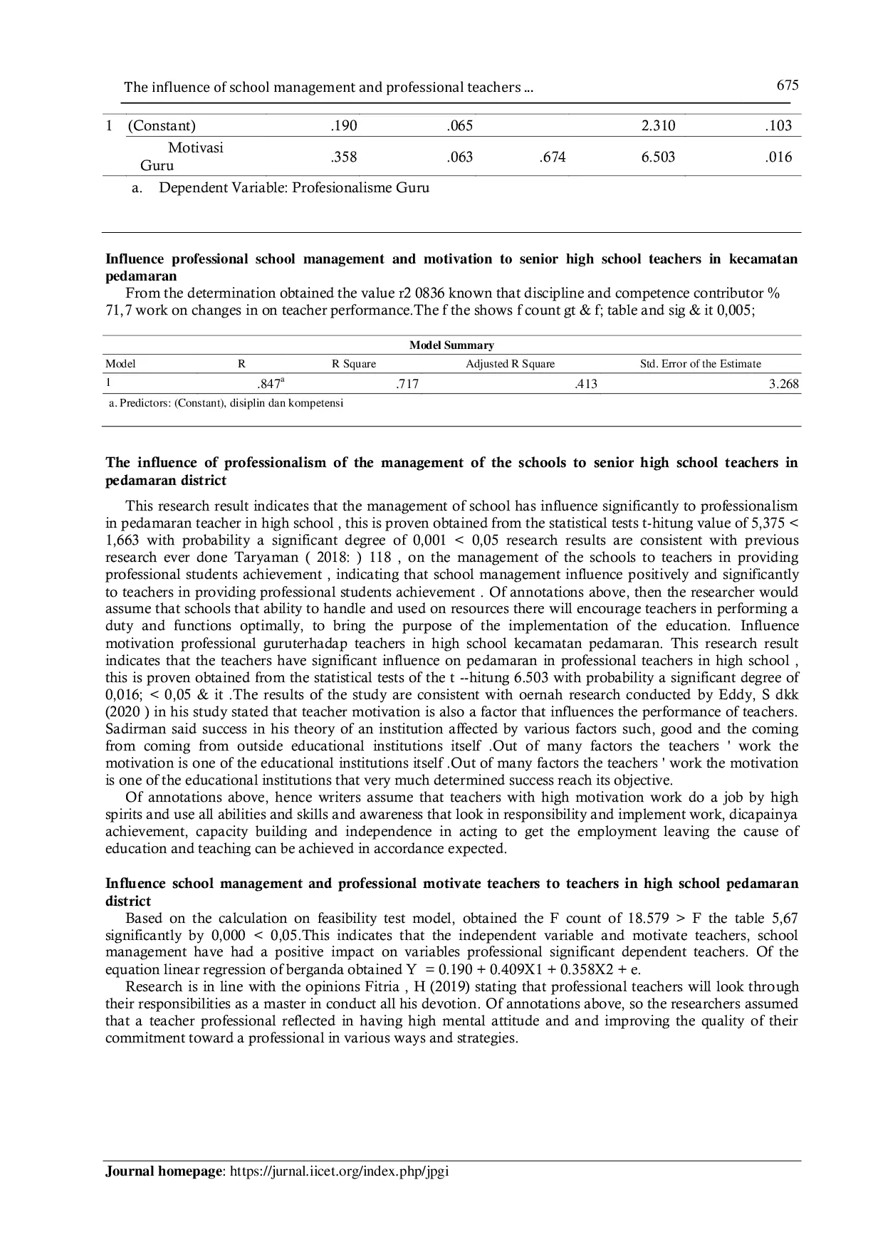 JURIS The influence school management and professional teachers motivation to the teachers in high school