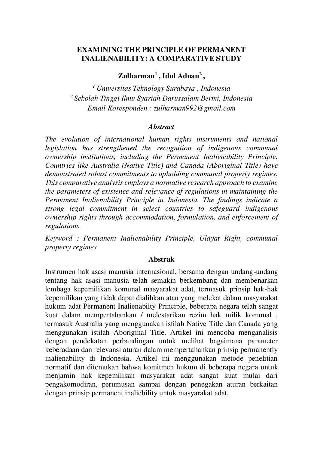 juris Examining The Principle Of Permanent Inalienability A Comparative Study