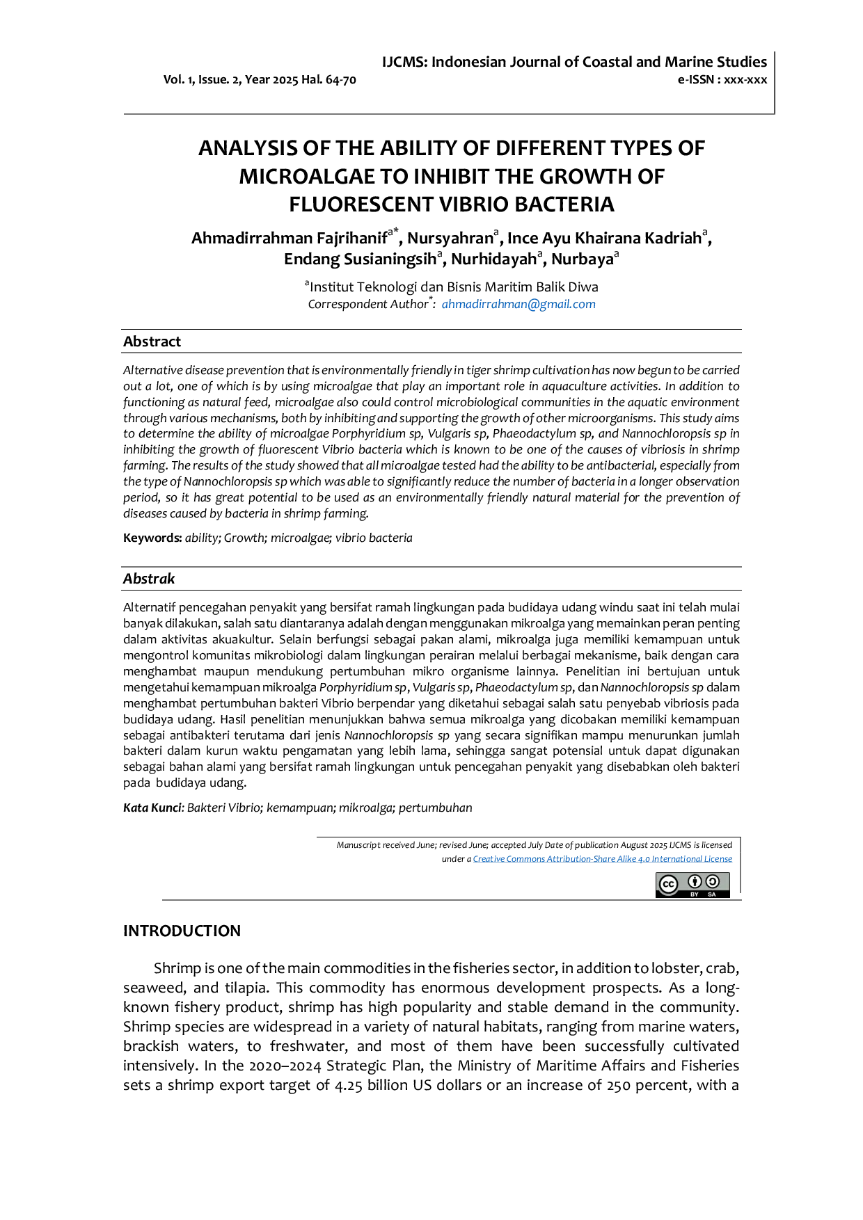 JURIS Analysis of the Ability of Various Types of Microalgae to Inhibit the Growth of Fluorescent Vibrio Bacteria