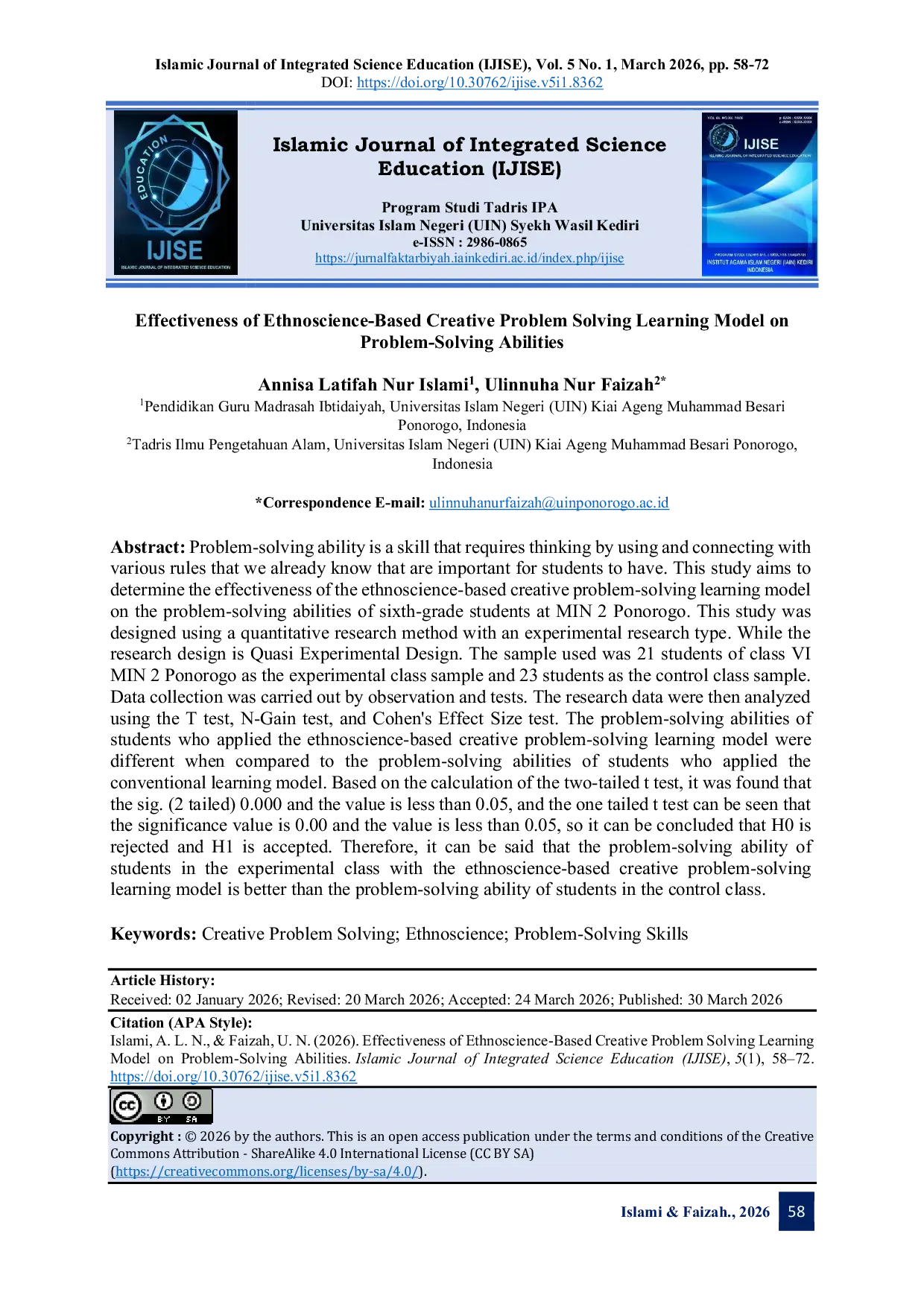 JURIS Effectiveness of Ethnoscience Based Creative Problem Solving Learning Model on Problem Solving Abilities
