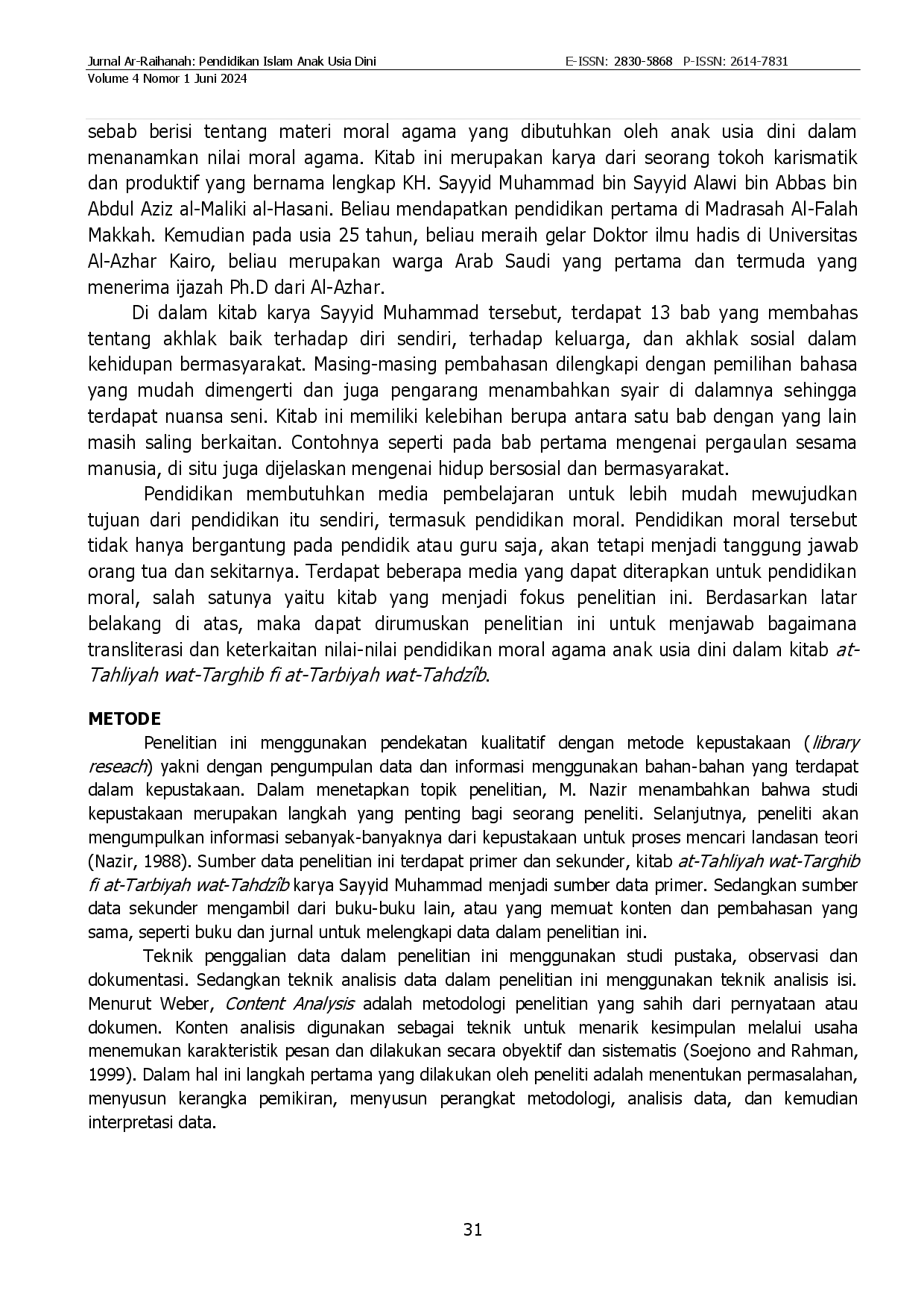 juris Analisis Nilai Nilai Pendidikan Moral dan Agama Anak Usia Dini dalam Kitab Kuning