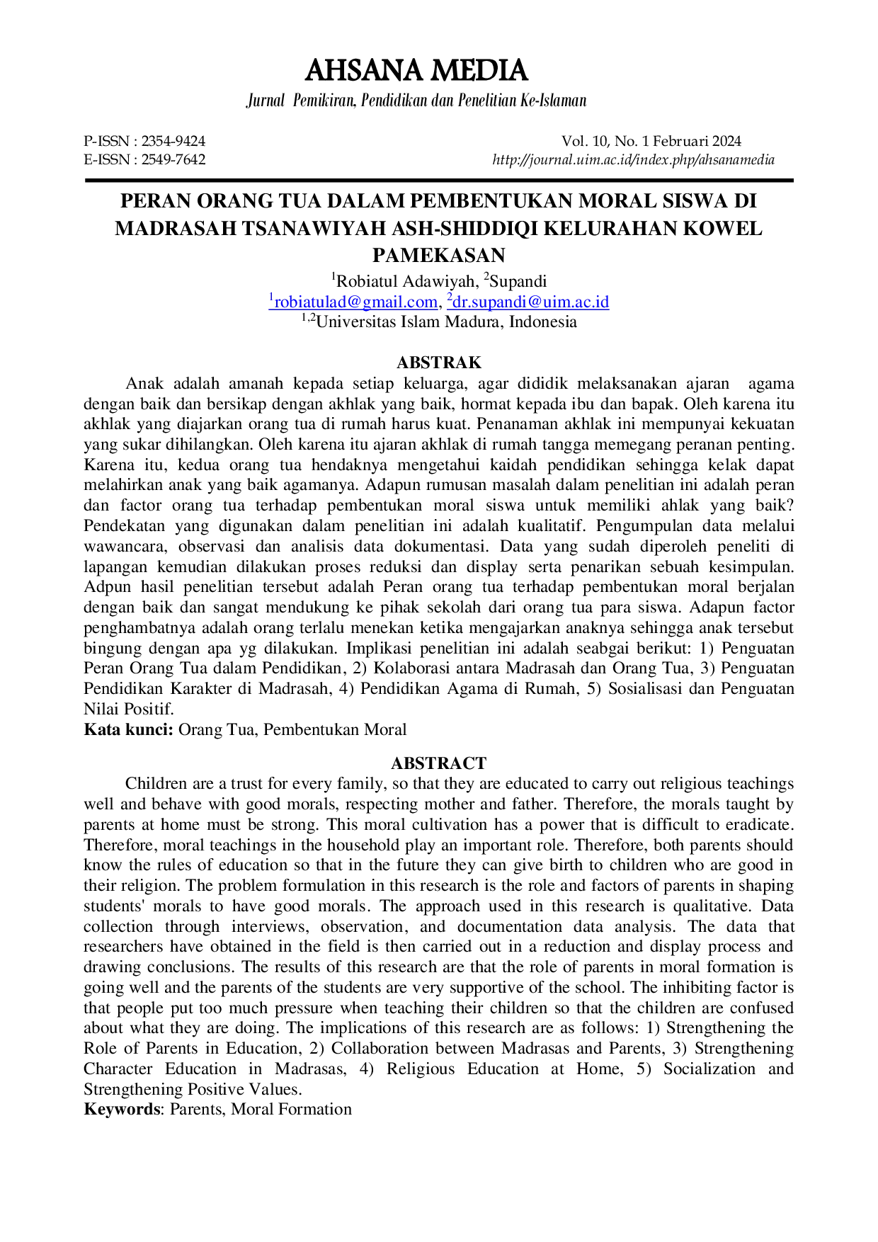 JURIS Peran Orang Tua Dalam Pembentukan Moral Siswa Di Madrasah Tsanawiyah Ash Shiddiqi Kelurahan Kowel Pamekasan