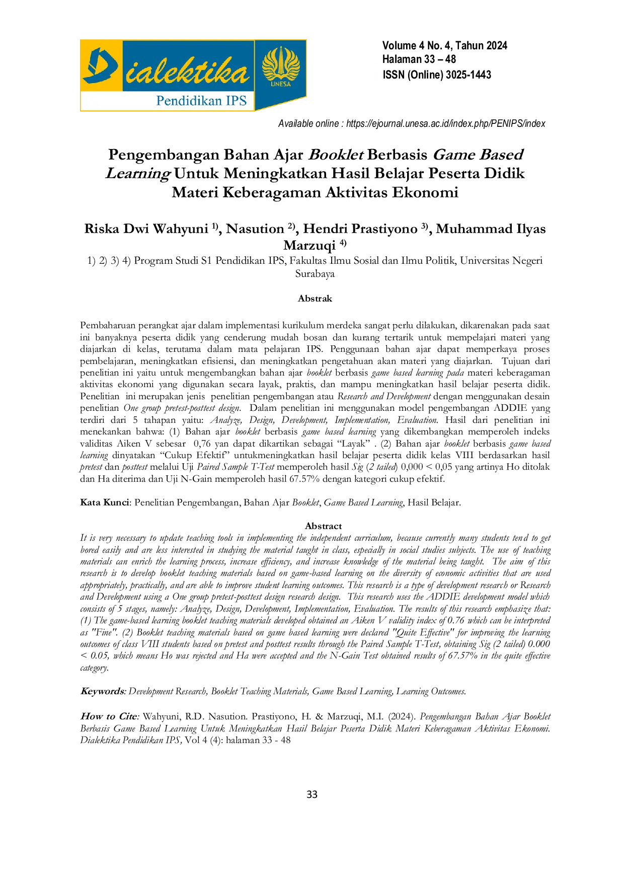 JURIS Pengembangan Bahan Ajar Booklet Berbasis Game Based Learning Untuk Meningkatkan Hasil Belajar Peserta Didik Materi Keberagaman Aktivitas Ekonomi