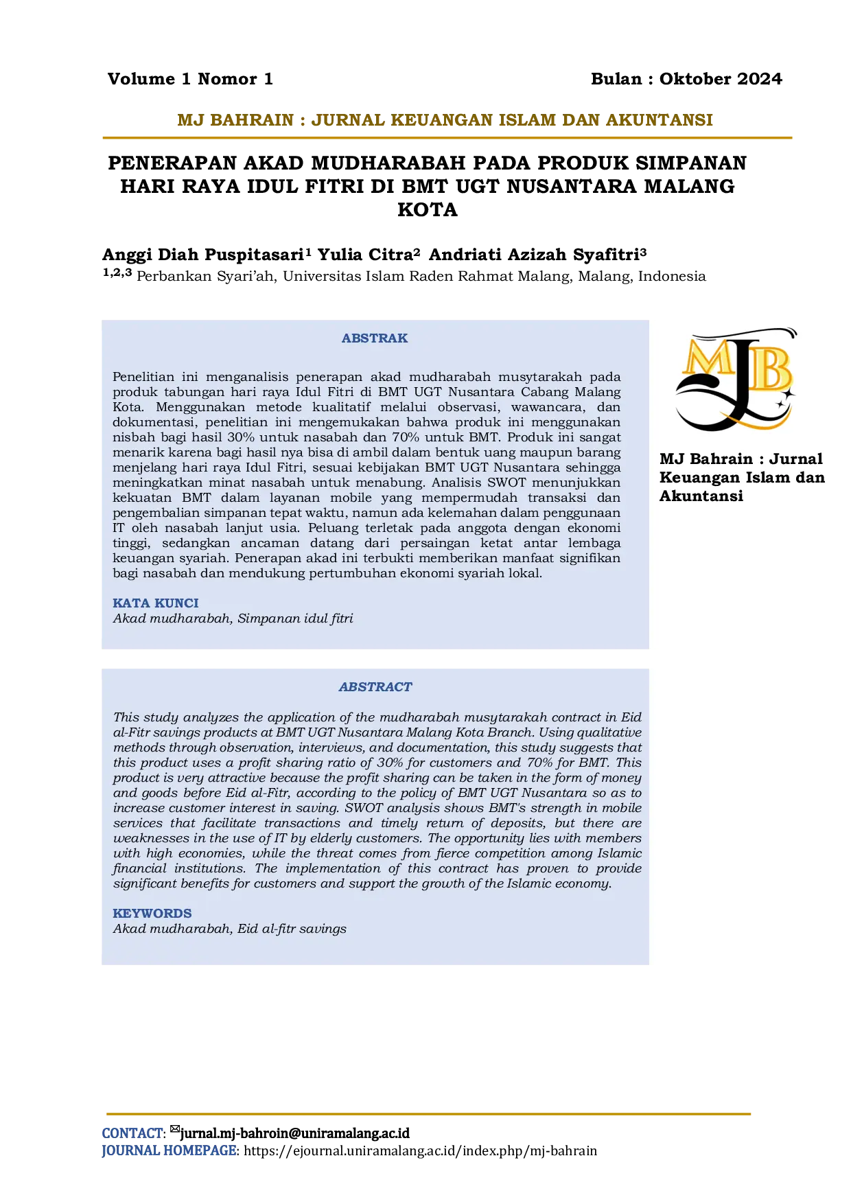 JURIS Penerapan Akad Mudharabah Pada Produk Simpanan Hari Raya Idul Fitri Di Bmt Ugt Nusantara Malang Kota