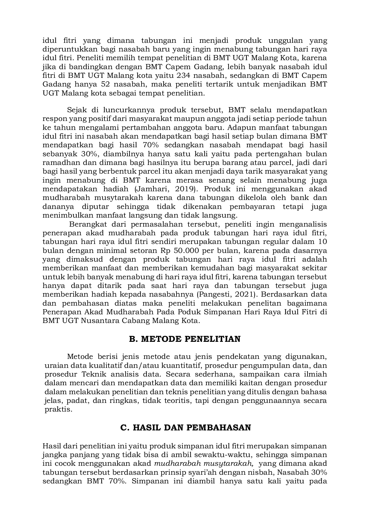 JURIS Penerapan Akad Mudharabah Pada Produk Simpanan Hari Raya Idul Fitri Di Bmt Ugt Nusantara Malang Kota