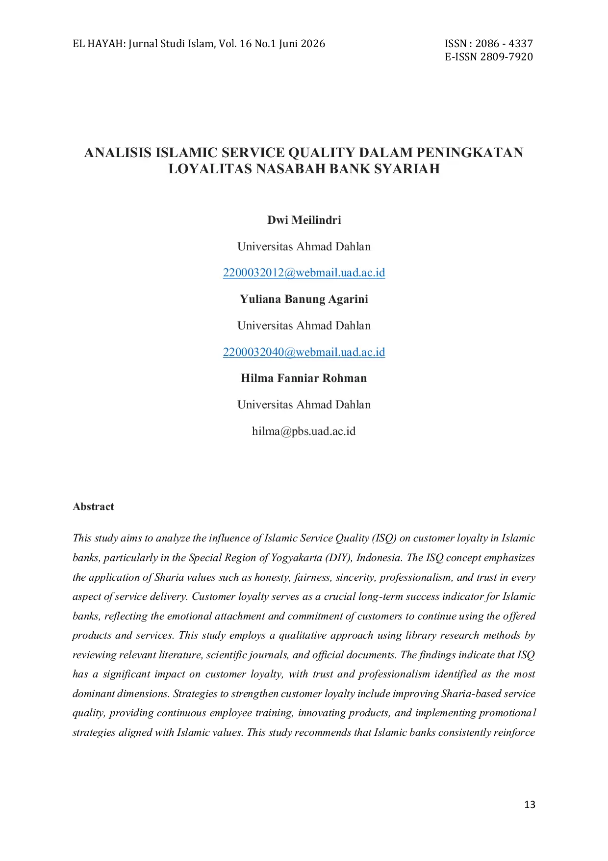 JURIS Analisis Islamic Service Quality Dalam Peningkatan Loyalitas Nasabah Bank Syariah
