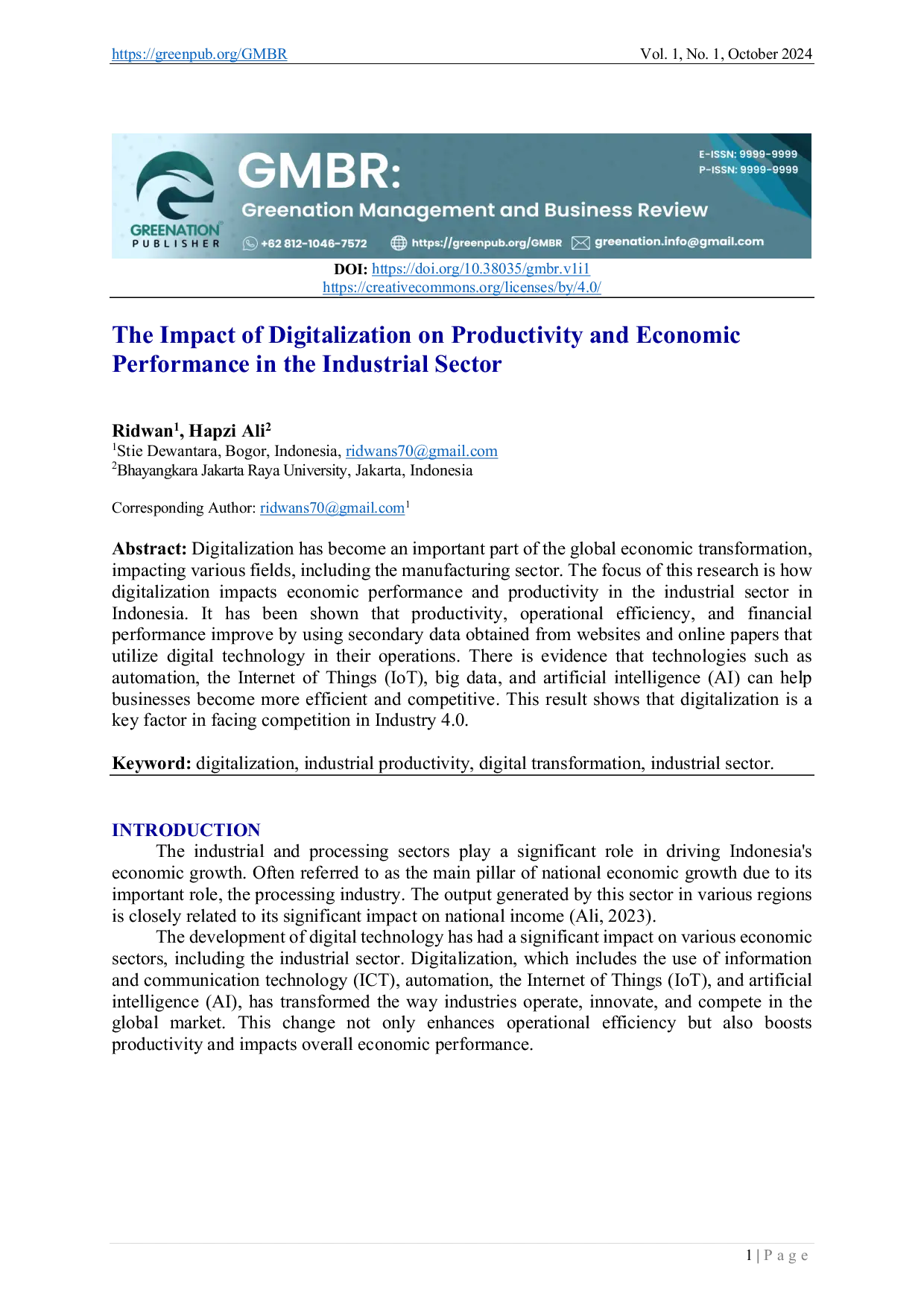 JURIS The Impact of Digitalization on Productivity and Economic Performance in the Industrial Sector