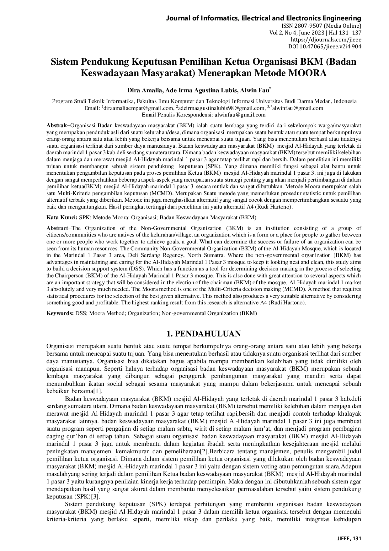 JURIS Sistem Pendukung Keputusan Pemilihan Ketua Organisasi BKM Badan Keswadayaan Masyarakat Menerapkan Metode MOORA