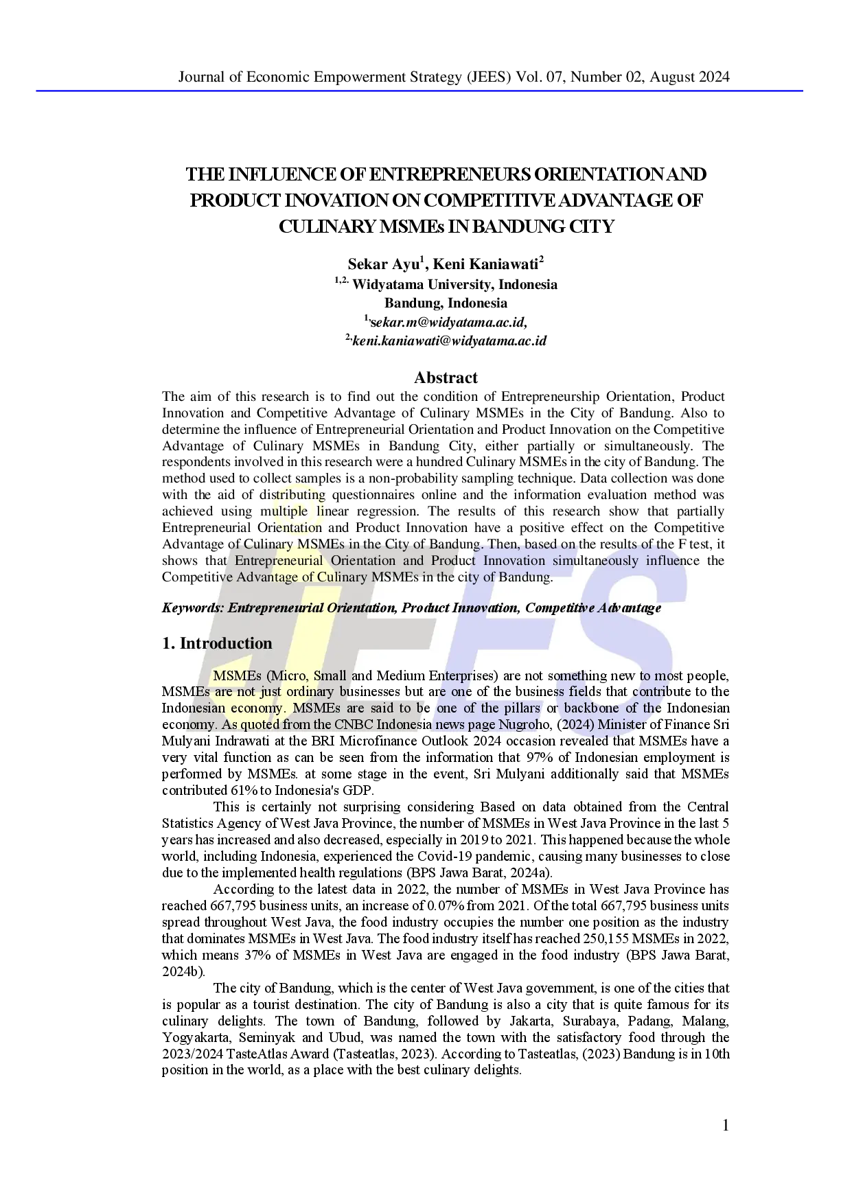 juris THE INFLUENCE OF ENTREPRENEURS ORIENTATION AND PRODUCT INOVATION ON COMPETITIVE ADVANTAGE OF CULINARY MSMEs IN BANDUNG CITY
