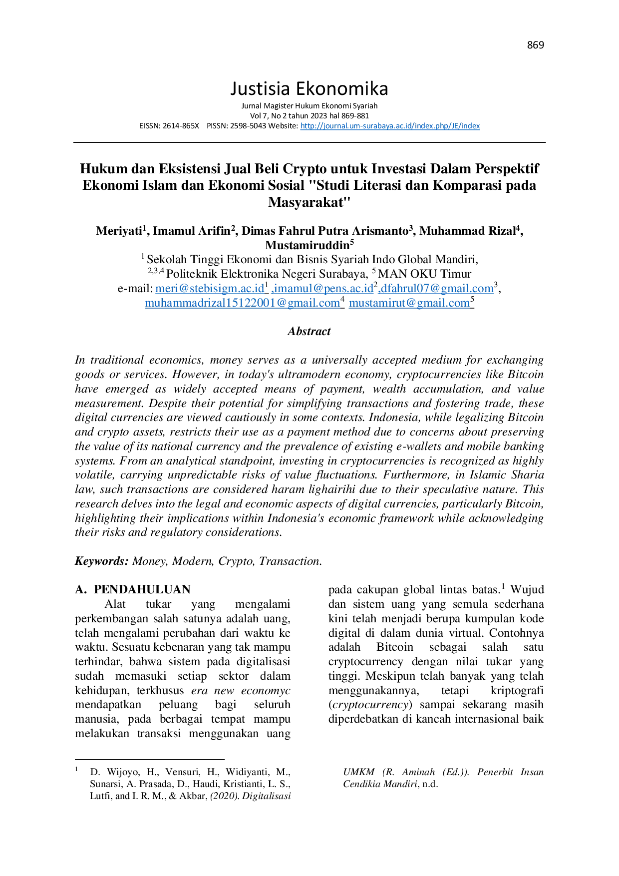 JURIS Hukum dan Eksistensi Jual Beli Crypto untuk Investasi Dalam Perspektif Ekonomi Islam dan Ekonomi Sosial Studi Literasi dan Komparasi pada Masyarakat