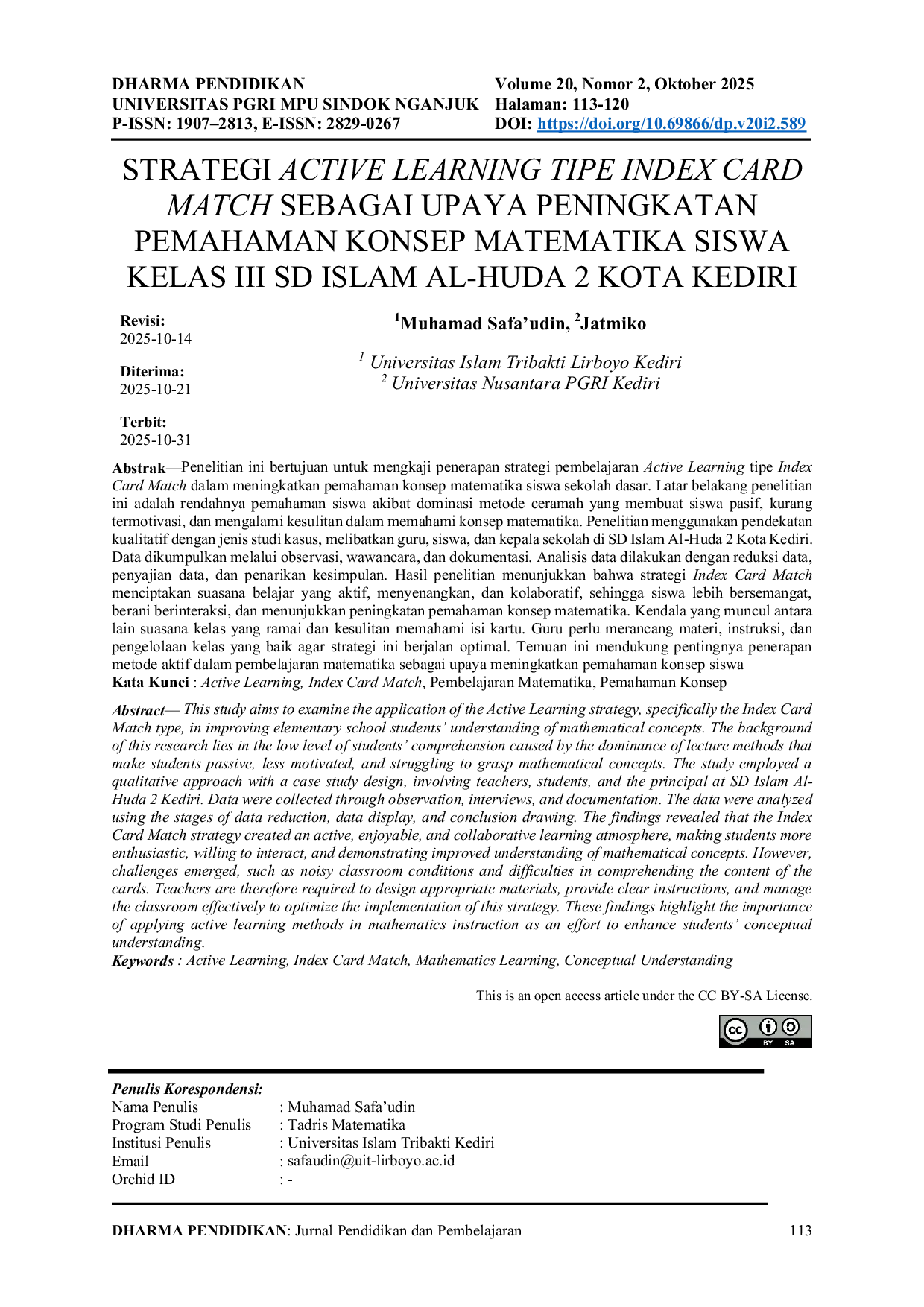 JURIS Strategi Active Learning Tipe Index Card Match Sebagai Upaya Peningkatan Pemahaman Konsep Matematika Siswa Kelas III Sd Islam Al Huda 2 Kota Kediri