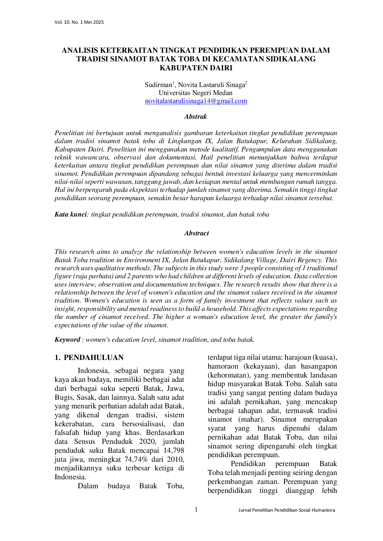 JURIS Analisis Keterkaitan Tingkat Pendidikan Perempuan dalam Tradisi Sinamot Batak Toba di Kecamatan Sidikalang Kabupaten Dairi