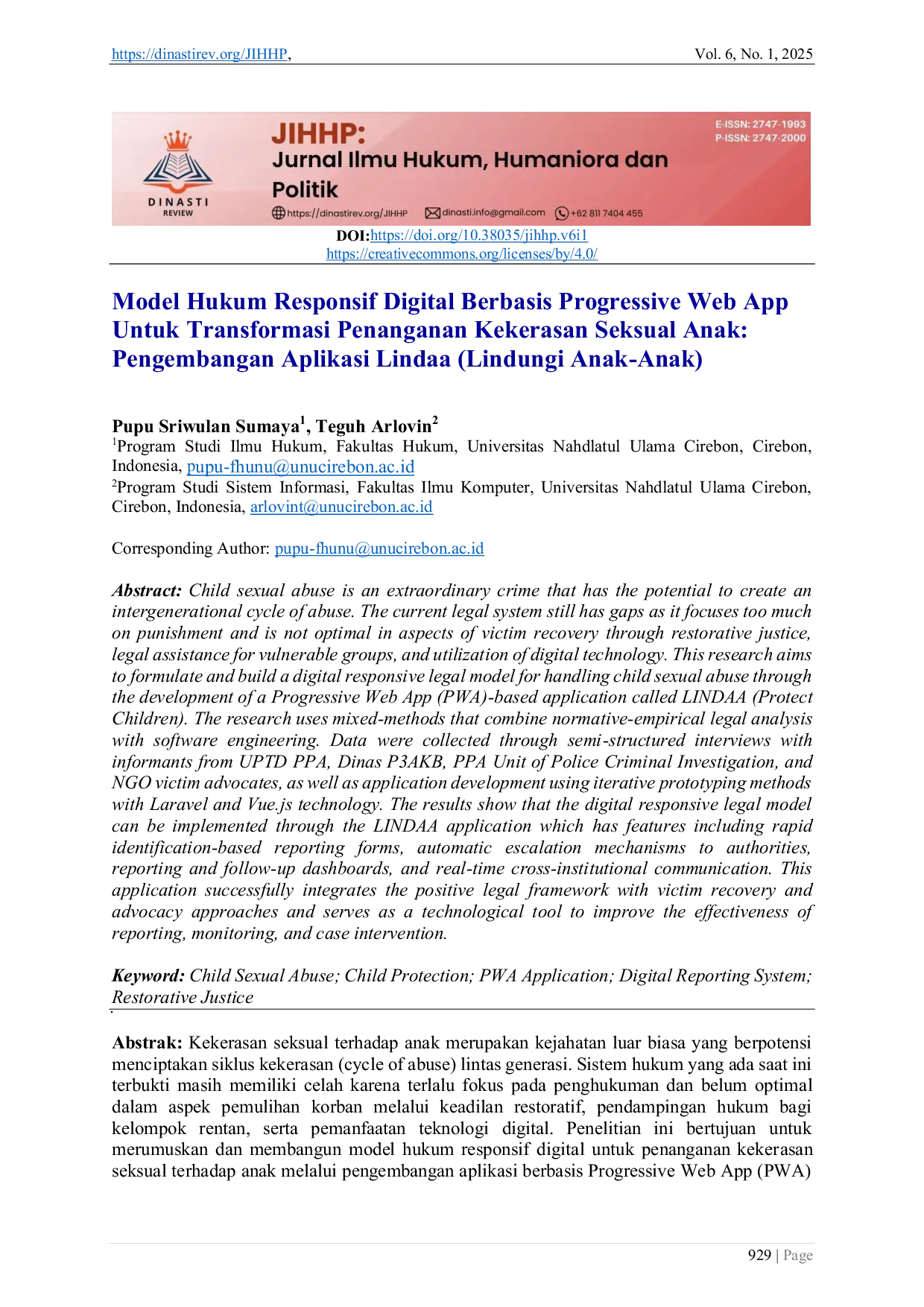 JURIS Model Hukum Responsif Digital Berbasis Progressive Web App Untuk Transformasi Penanganan Kekerasan Seksual Anak Pengembangan Aplikasi Lindaa Lindungi Anak Anak