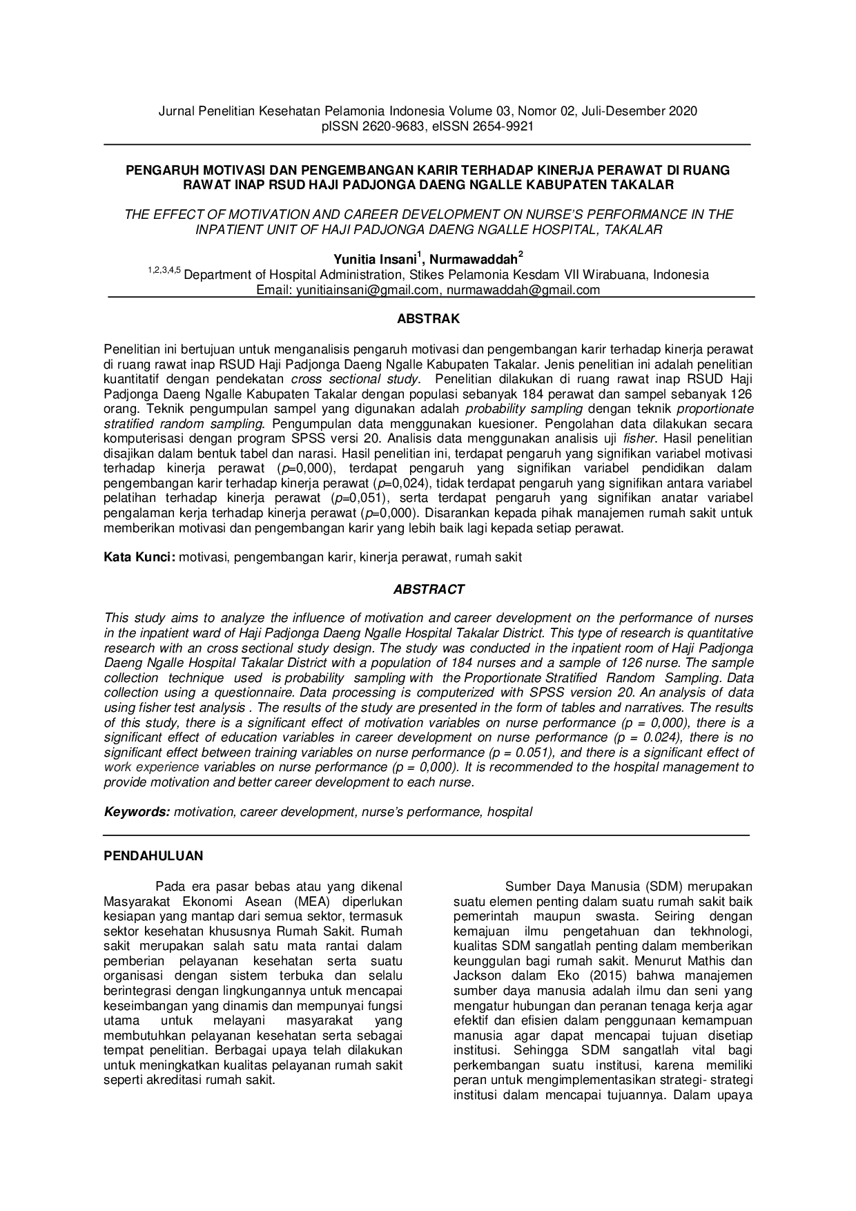 JURIS Pengaruh Motivasi Dan Pengembangan Karir Terhadap Kinerja Perawat Di Ruang Rawat Inap Rsud Haji Padjonga Daeng Ngalle Kabupaten Takalar