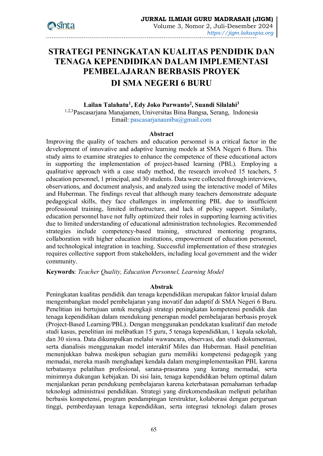 JURIS Strategi Peningkatan Kualitas Pendidik dan Tenaga Kependidikan dalam Implementasi Pembelajaran Berbasis Proyek di SMA Negeri 6 Buru