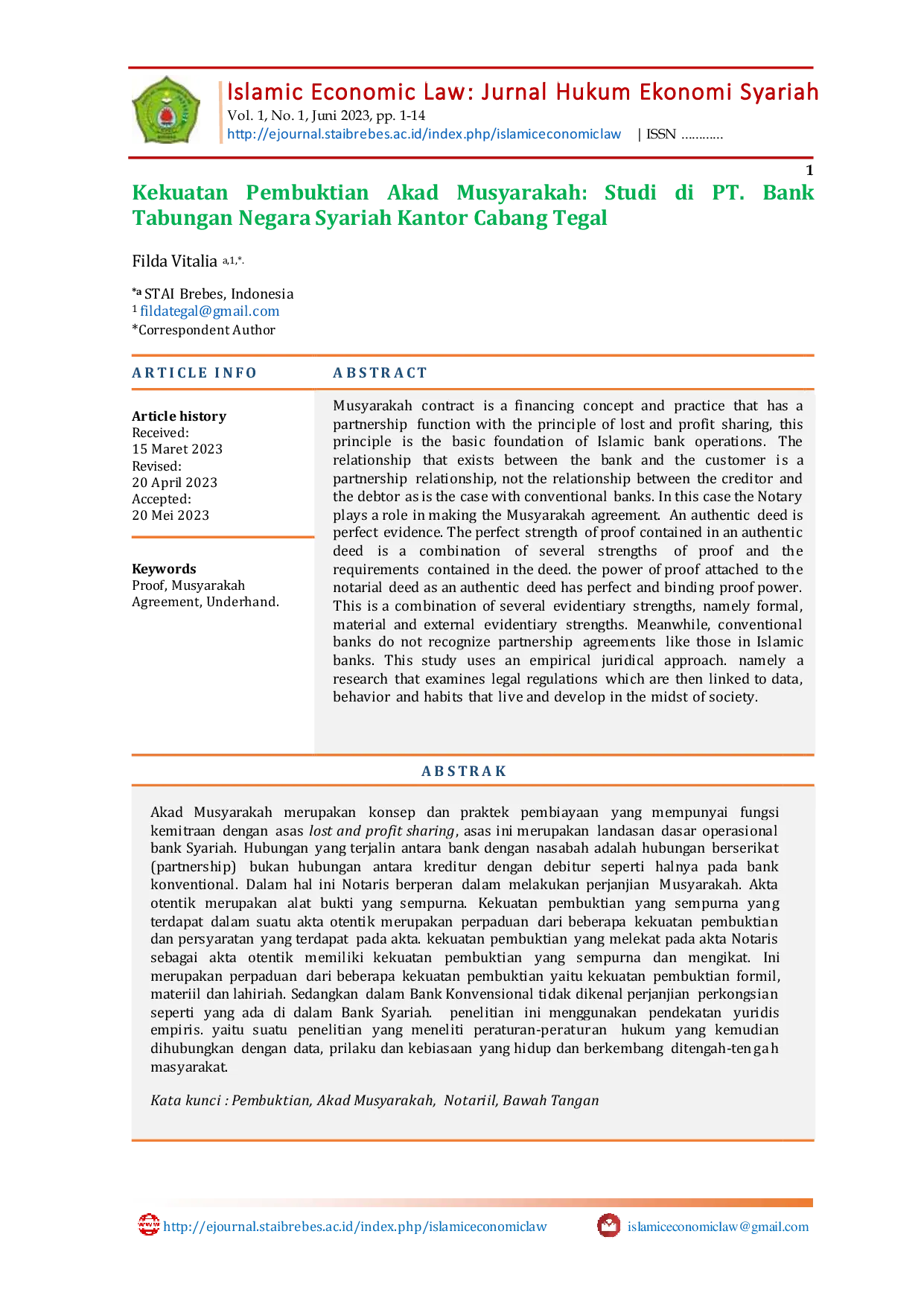 JURIS Kekuatan Pembuktian Akad Musyarakah Studi di PT Bank Tabungan Negara Syariah Kantor Cabang Tegal