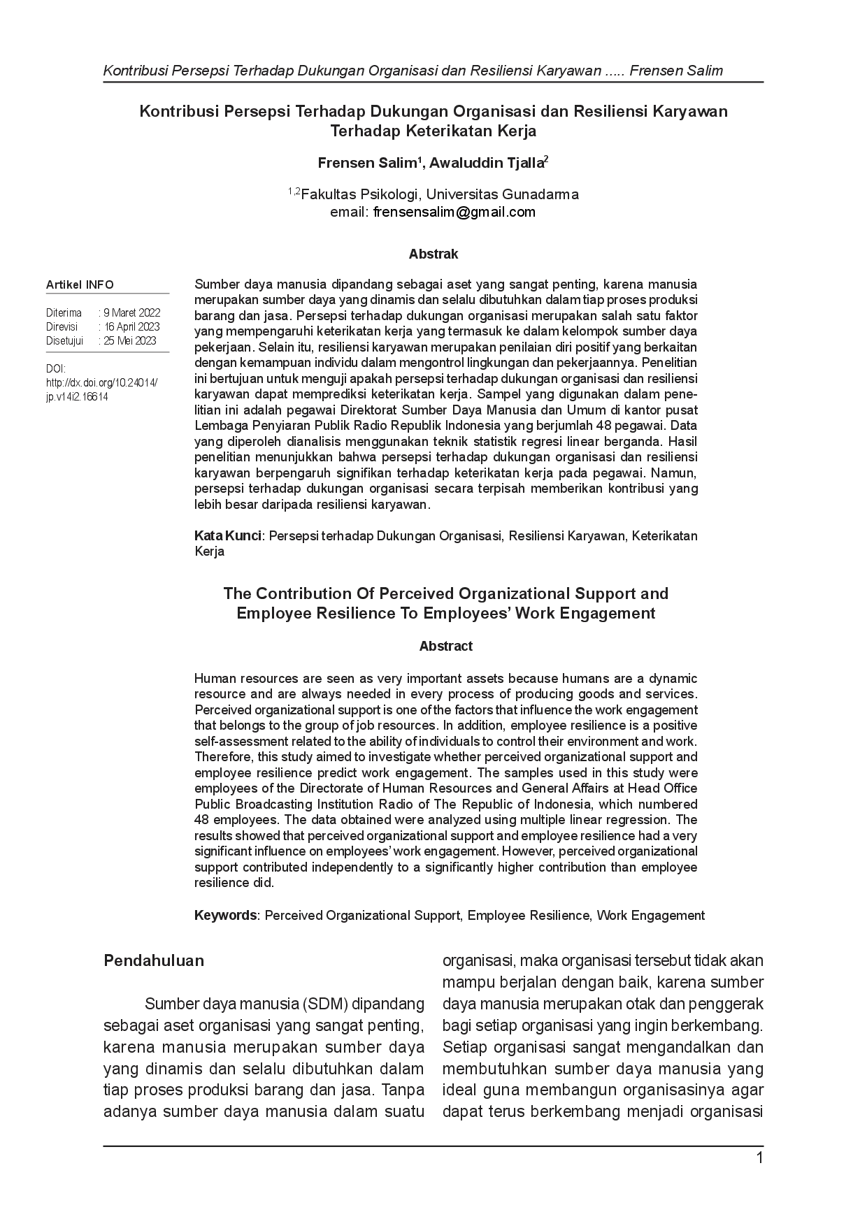 juris Kontribusi Persepsi Terhadap Dukungan Organisasi Dan Resiliensi Karyawan Terhadap Keterikatan Kerja