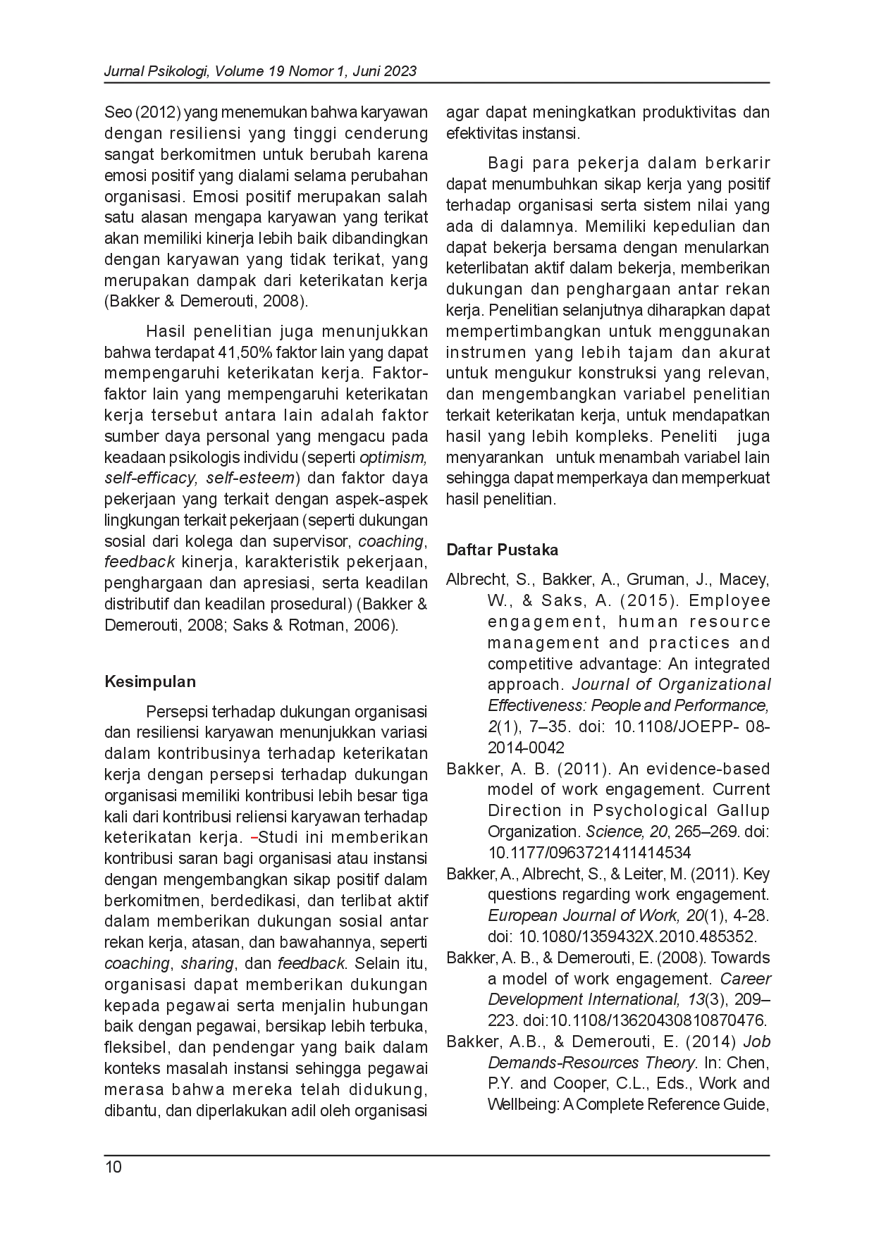 juris Kontribusi Persepsi Terhadap Dukungan Organisasi Dan Resiliensi Karyawan Terhadap Keterikatan Kerja