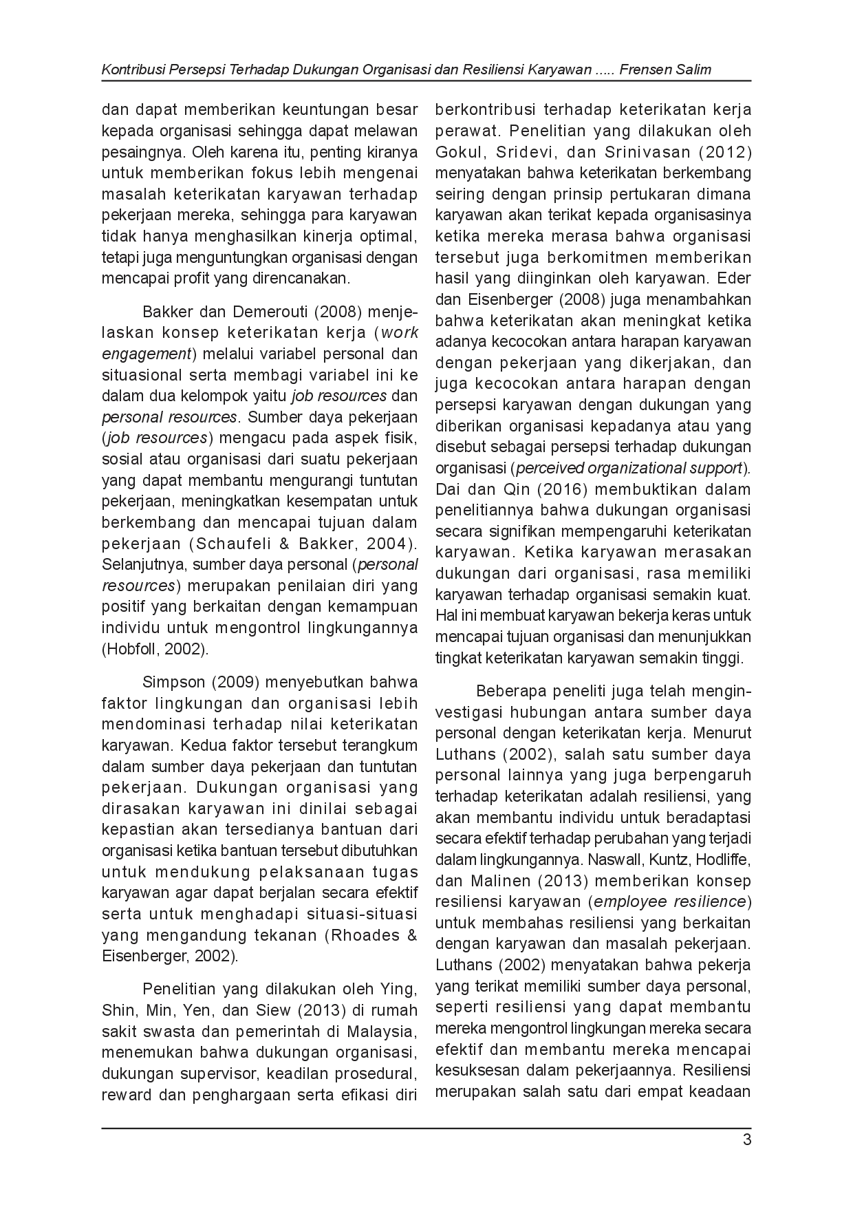 juris Kontribusi Persepsi Terhadap Dukungan Organisasi Dan Resiliensi Karyawan Terhadap Keterikatan Kerja