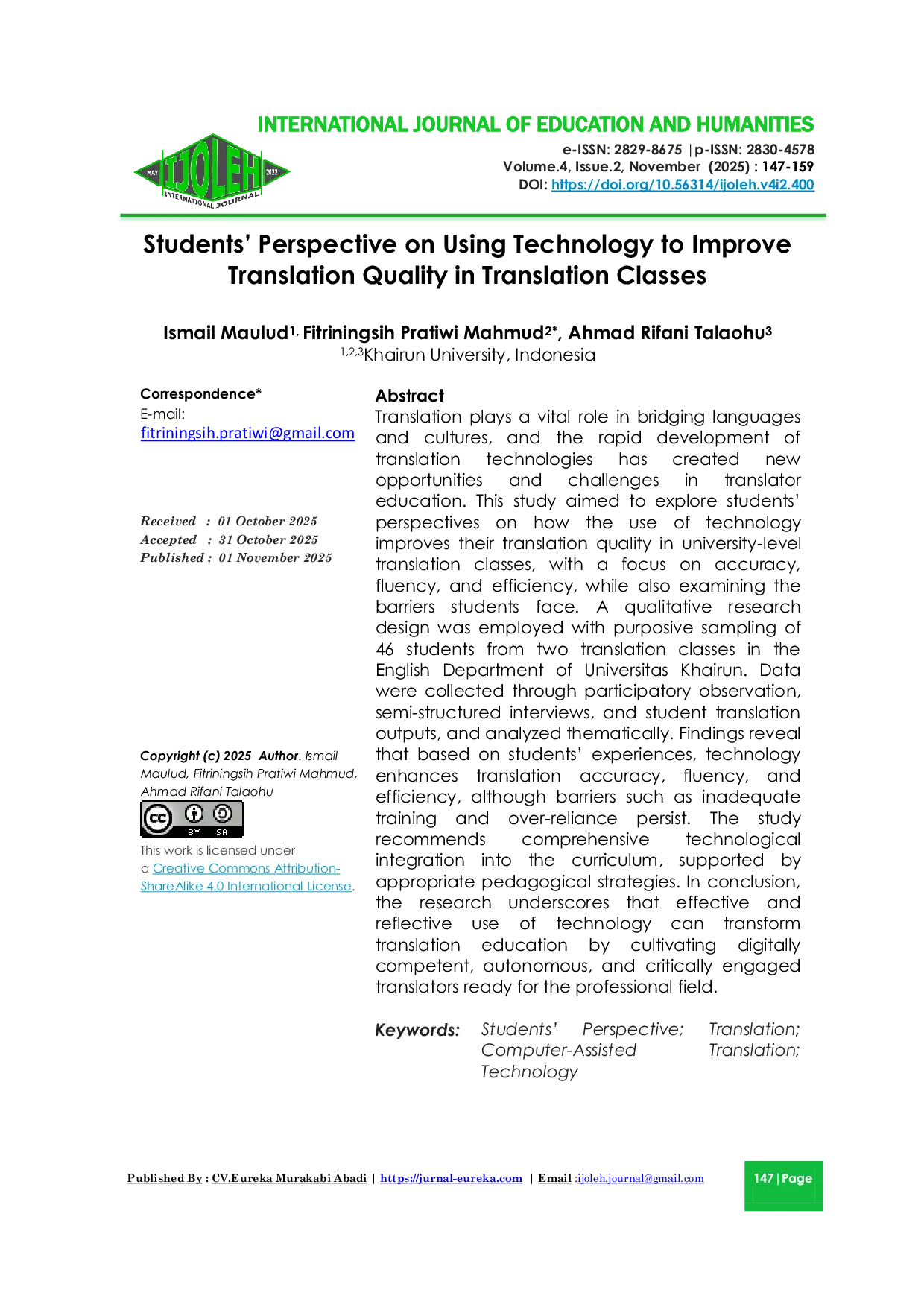 JURIS Students Perspective on Using Technology to Improve Translation Quality in Translation Classes