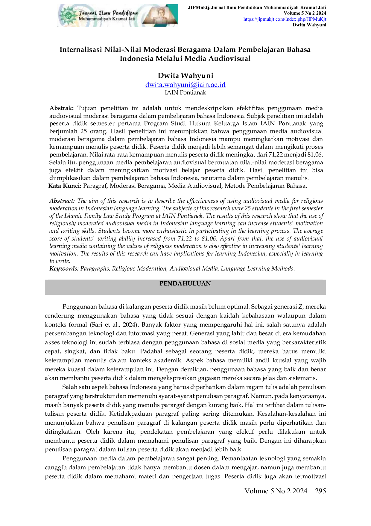 JURIS Internalisasi Nilai nilai Moderasi Beragama dalam Pemebalarajan Bahasa Indoensia Melalui Media Audiovisual
