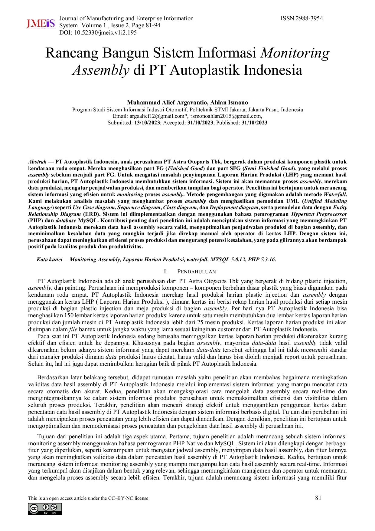 JURIS Rancang Bangun Sistem Informasi Monitoring Assembly di PT Autoplastik Indonesia