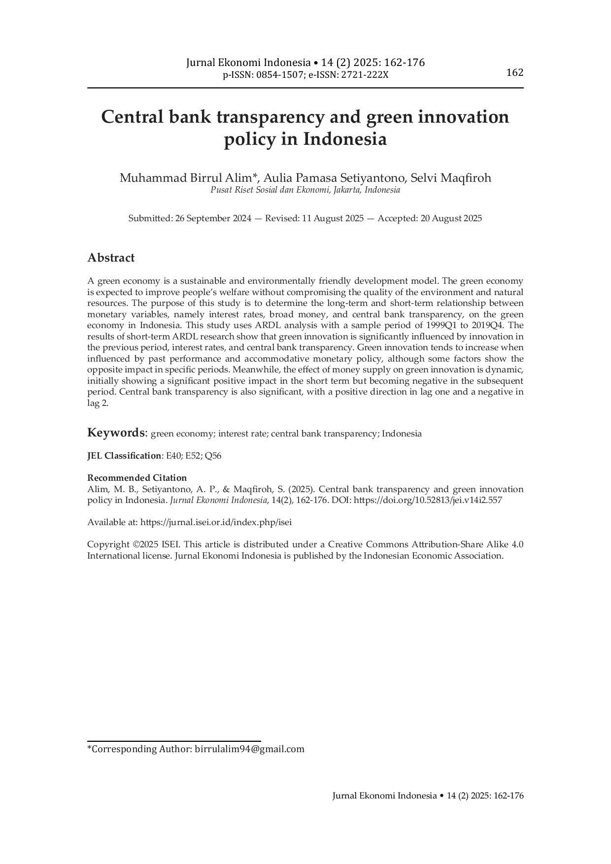 JURIS Central bank transparency and green innovation policy in Indonesia