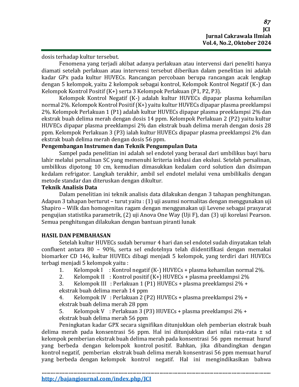 JURIS PUNICA GRANATUM MENAIKKAN KADAR GLUTATHION PEROXYDASE PADA KULTUR HUVECs YANG DIPAPAR PLASMA PRE EKLAMPSI