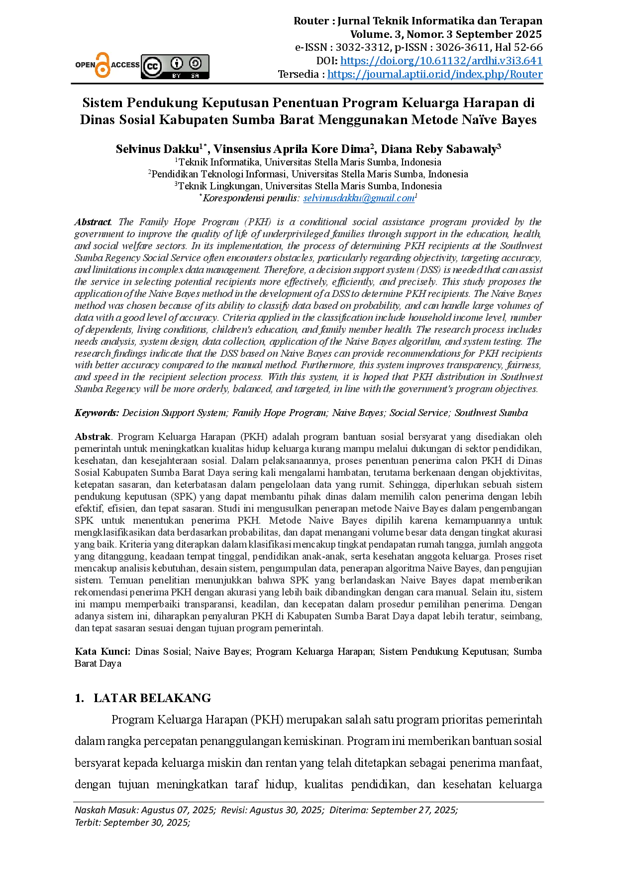 juris Sistem Pendukung Keputusan Penentuan Program Keluarga Harapan di Dinas Sosial Kabupaten Sumba Barat Menggunakan Metode Na ve Bayes