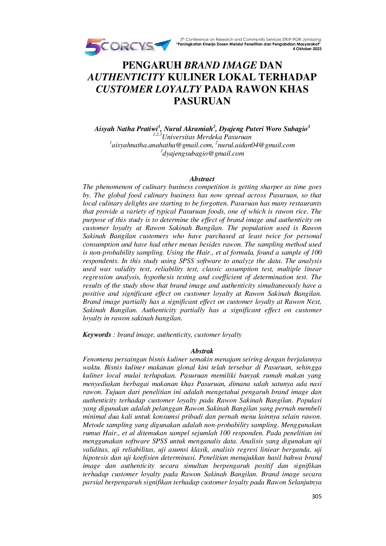 JURIS Pengaruh Brand Image Dan Authenticity Kuliner Lokal Terhadap Customer Loyalty Pada Rawon Khas Pasuruan