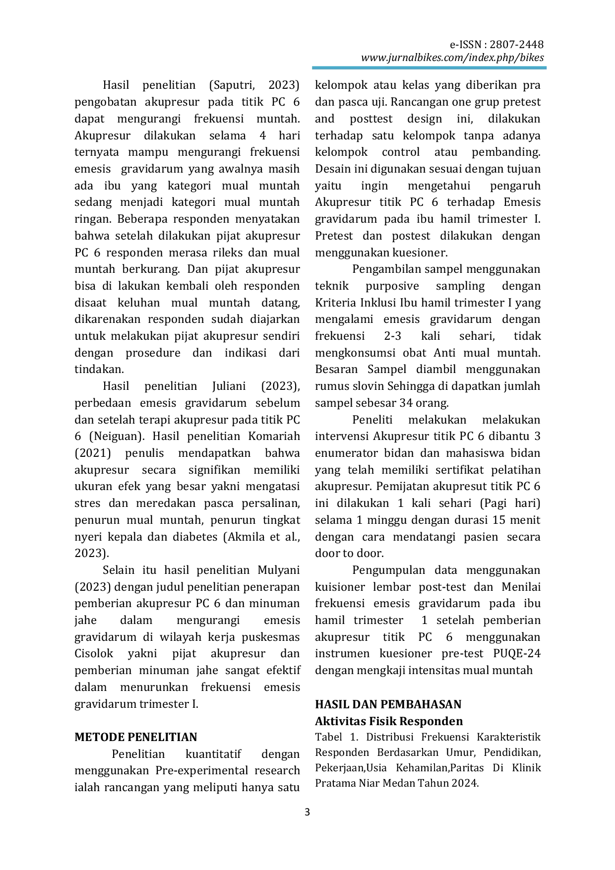 JURIS Pengaruh Akupresur Titik Pc 6 Terhadap Emesis Gravidarum Pada Ibu Hamil Trimester I Di Klinik Pratama Niar Medan