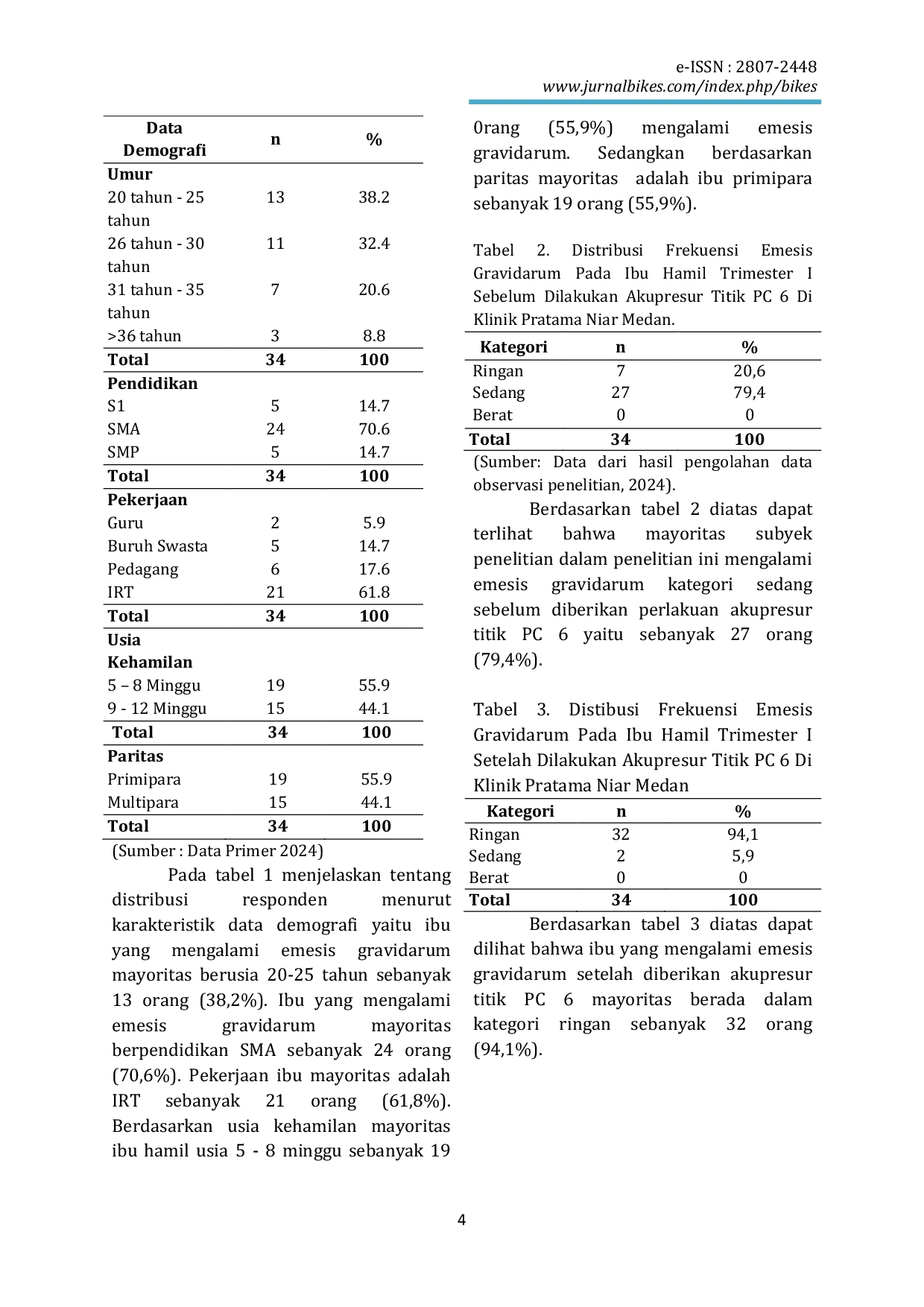 JURIS Pengaruh Akupresur Titik Pc 6 Terhadap Emesis Gravidarum Pada Ibu Hamil Trimester I Di Klinik Pratama Niar Medan