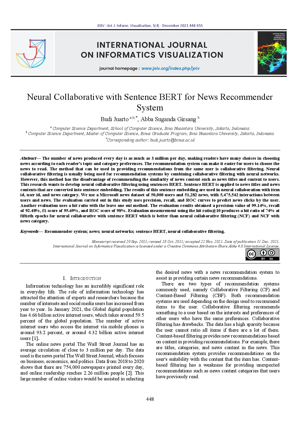 juris Neural Collaborative with Sentence BERT for News Recommender System